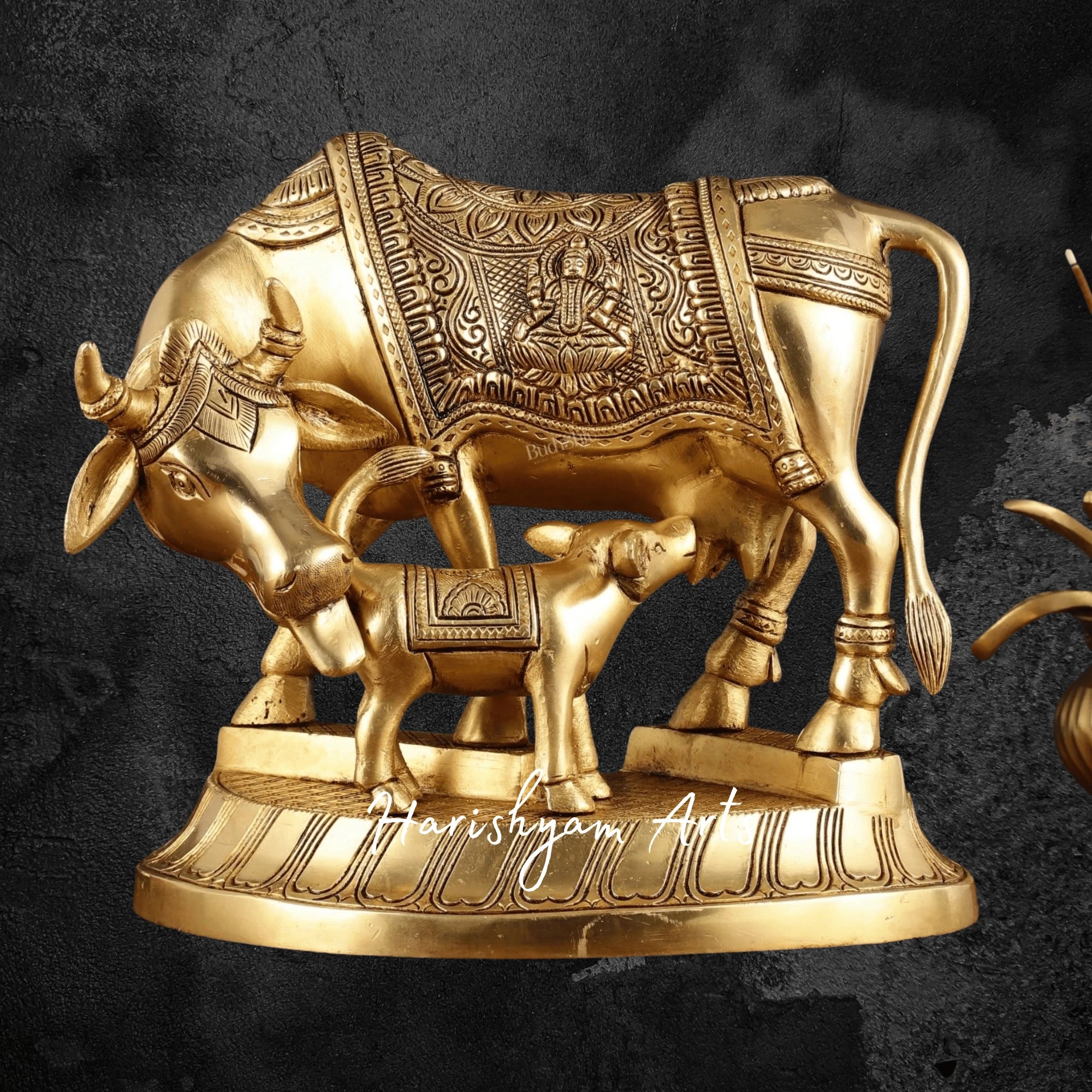 8" Premium Pure Brass Kamdhenu Cow with Calf Sculpture