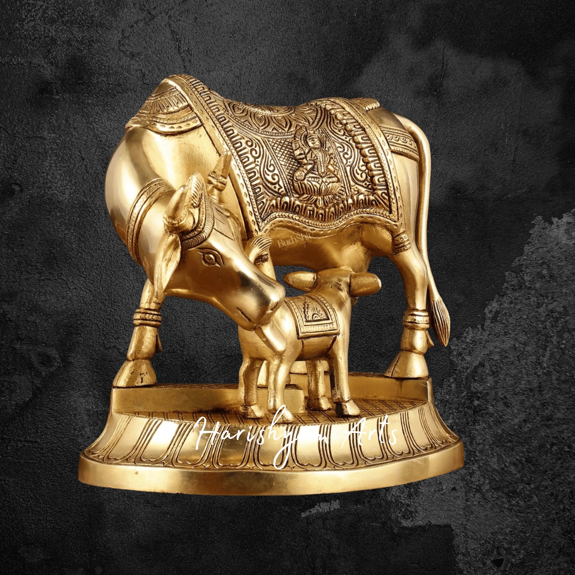8" Premium Pure Brass Kamdhenu Cow with Calf Sculpture