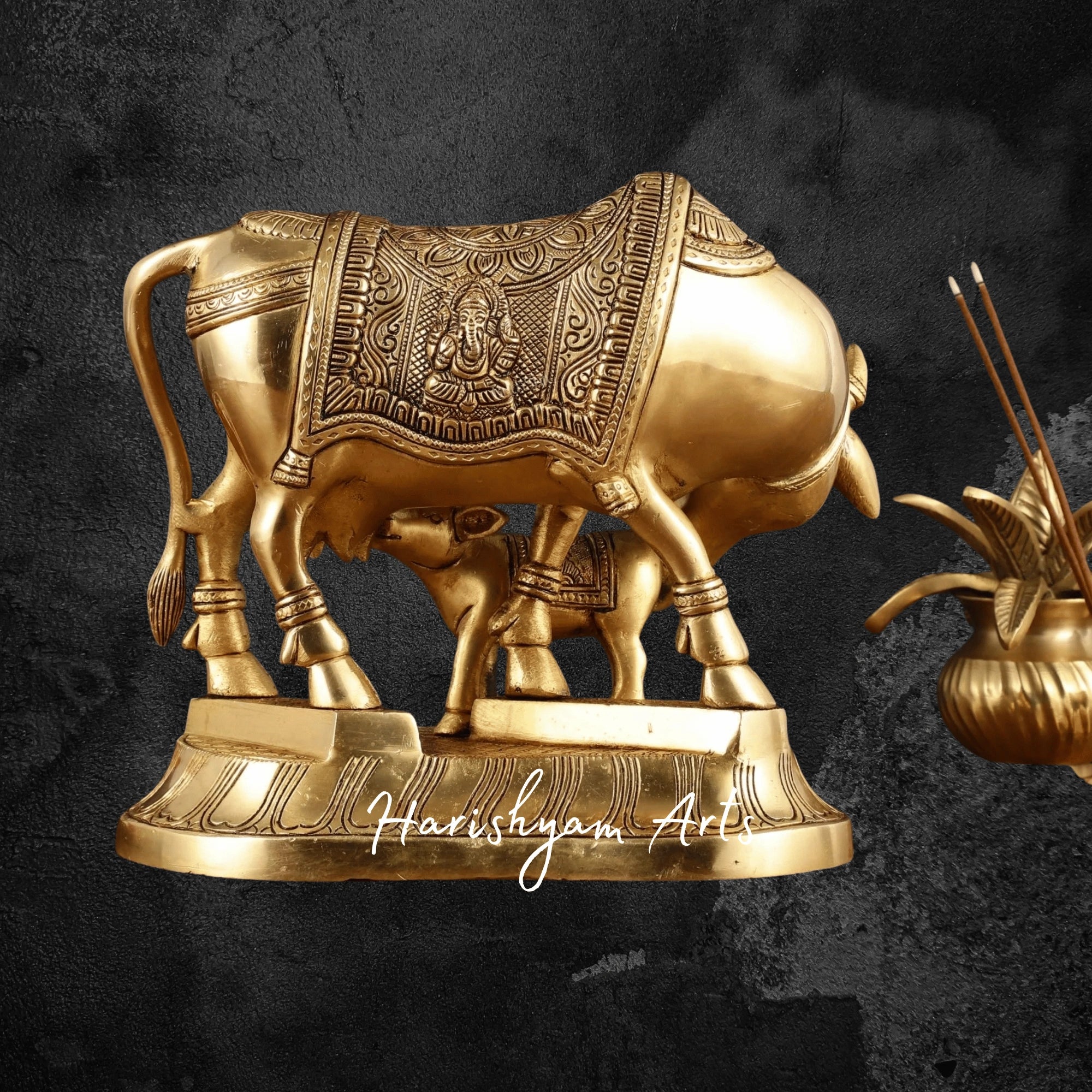 8" Premium Pure Brass Kamdhenu Cow with Calf Sculpture