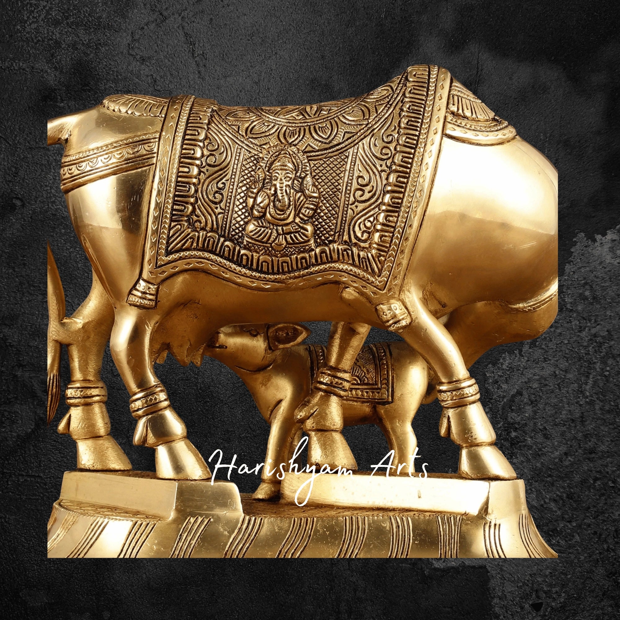 8" Premium Pure Brass Kamdhenu Cow with Calf Sculpture