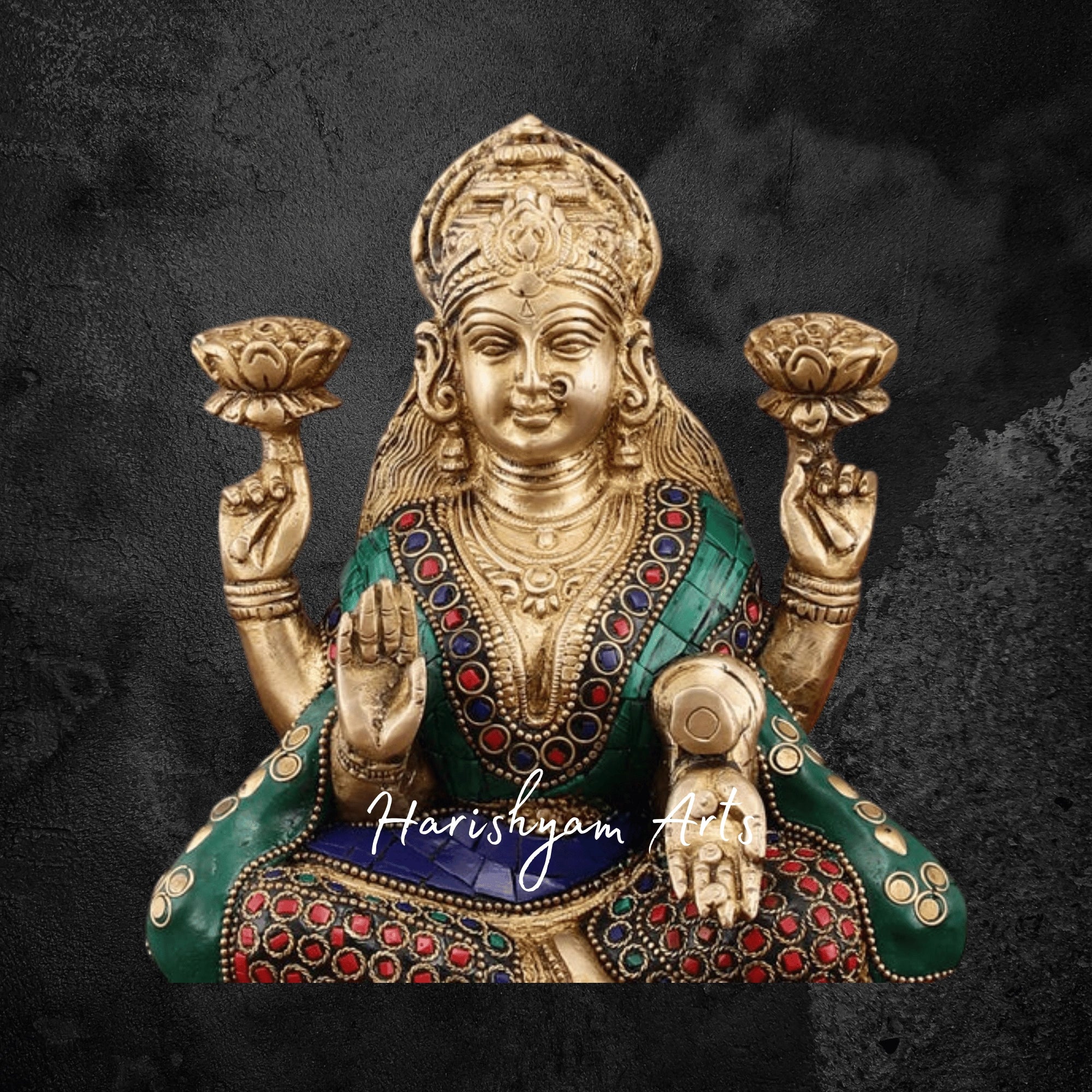 8" Pure Brass Lakshmi Statue with Meenakari Stonework for Worship
