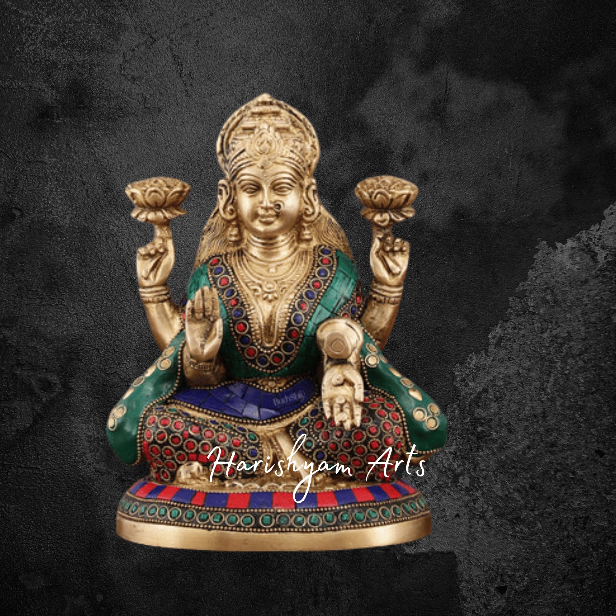 8" Pure Brass Lakshmi Statue with Meenakari Stonework for Worship