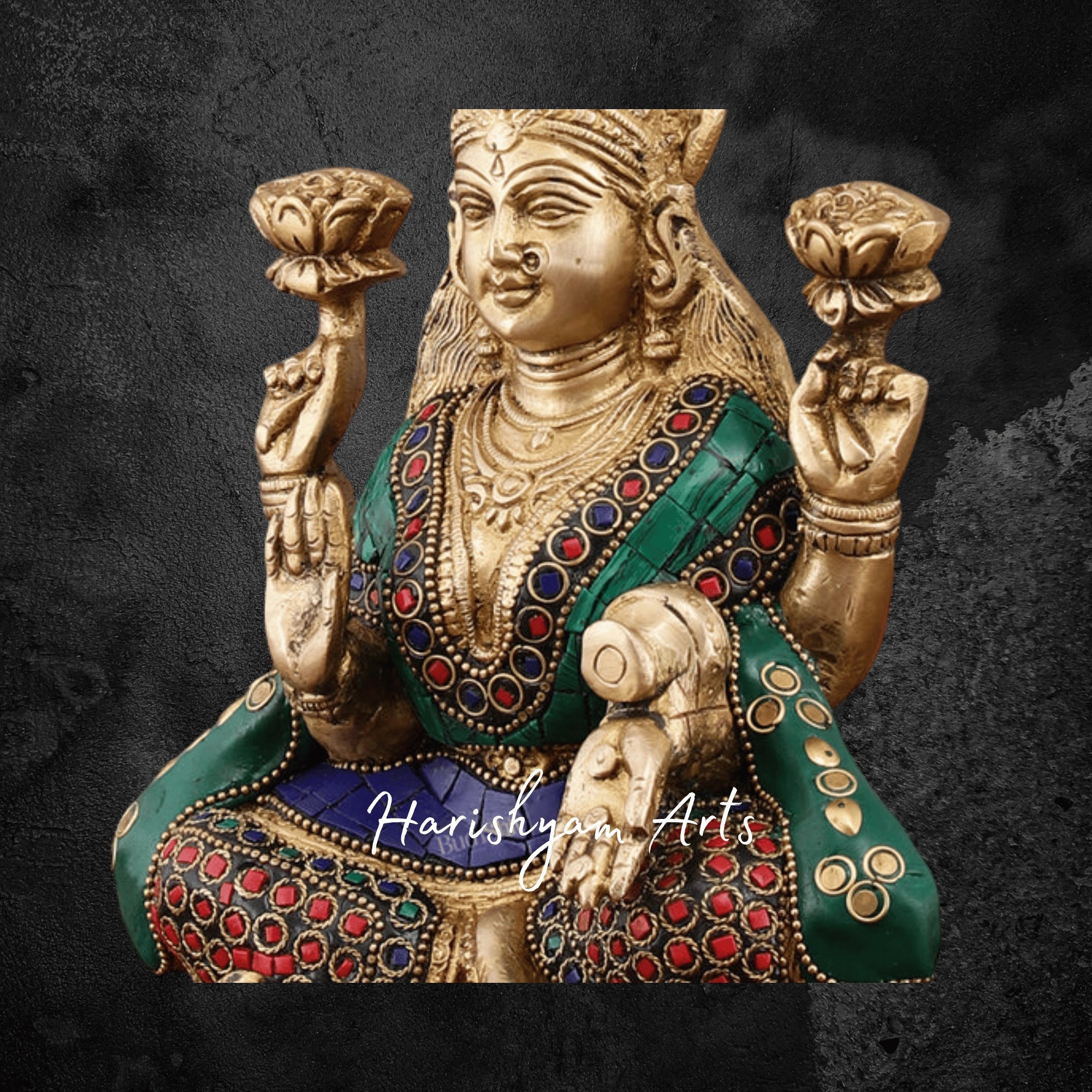 8" Pure Brass Lakshmi Statue with Meenakari Stonework for Worship