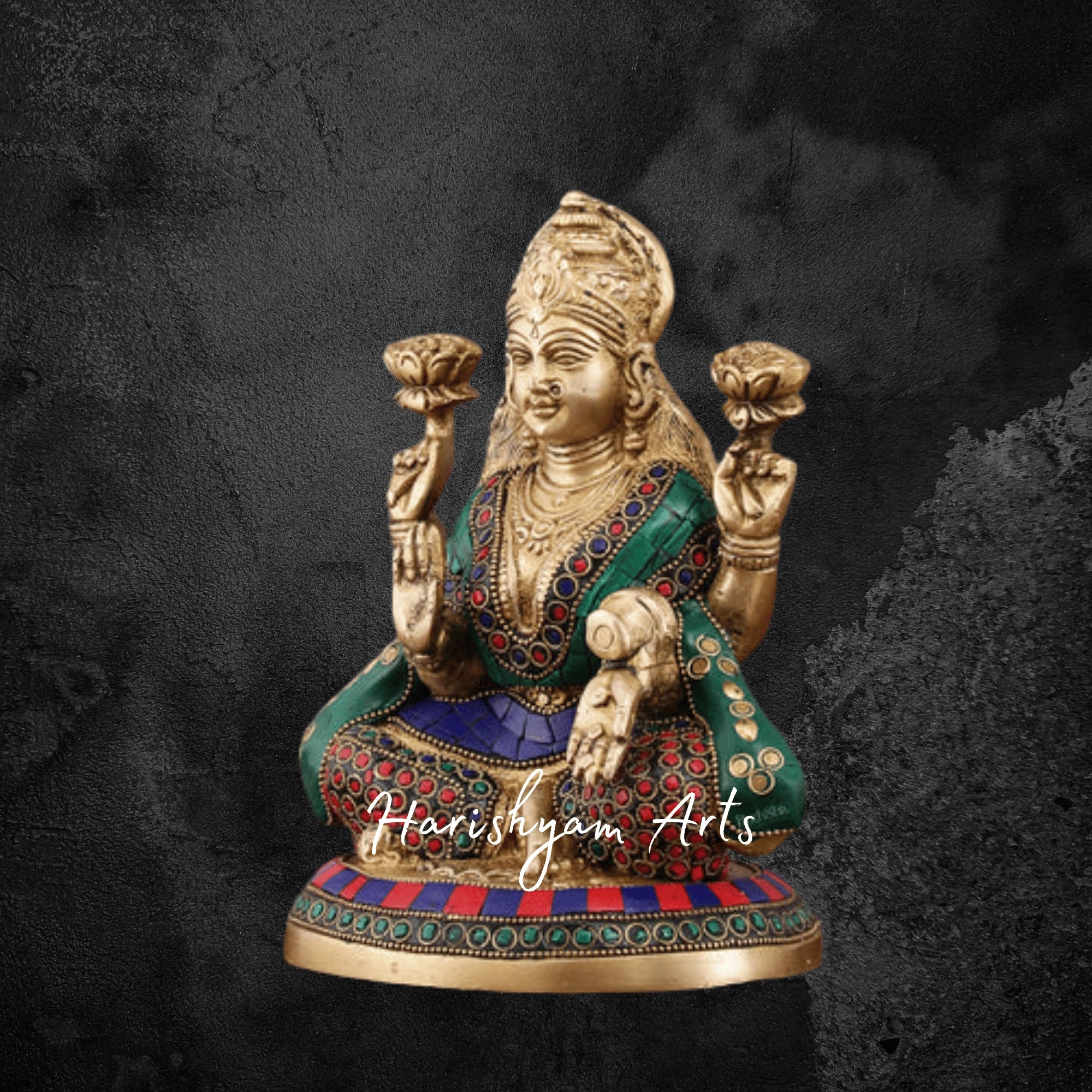 8" Pure Brass Lakshmi Statue with Meenakari Stonework for Worship