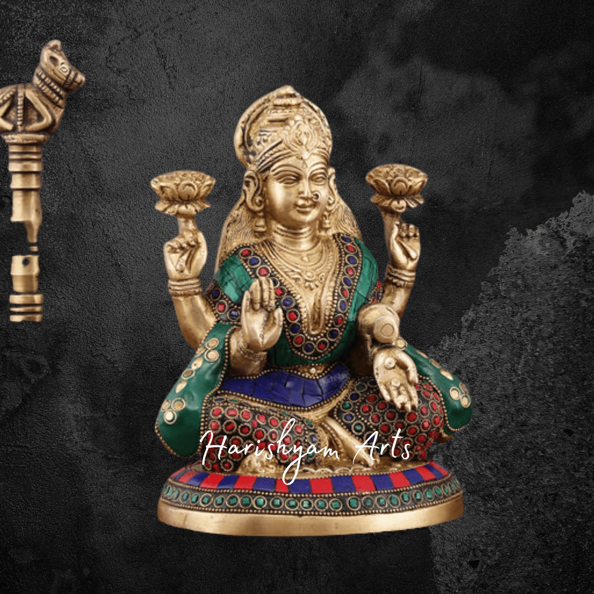 8" Pure Brass Lakshmi Statue with Meenakari Stonework for Worship