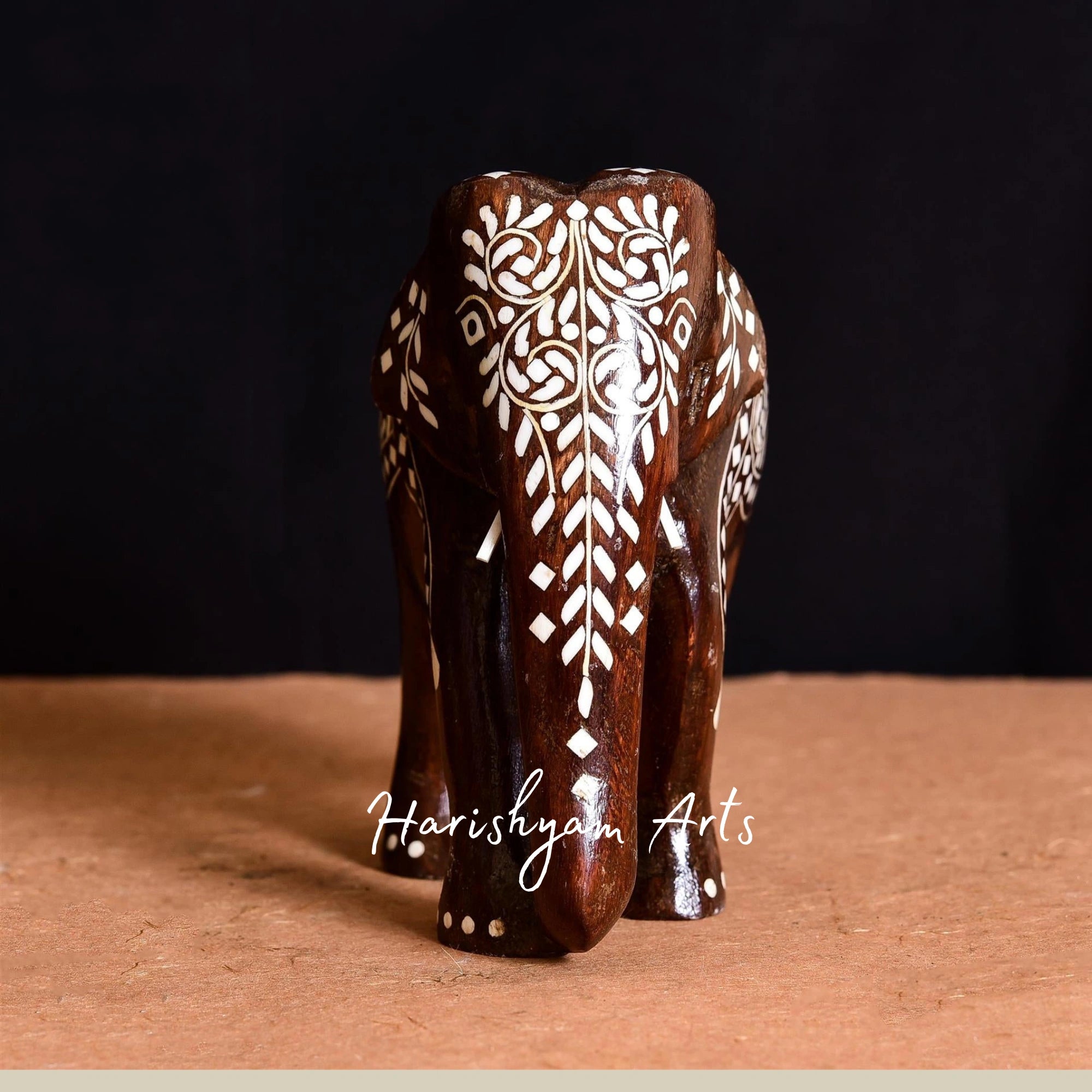 8" Wooden Inlay Elephant Statue with Intricate Detailing1