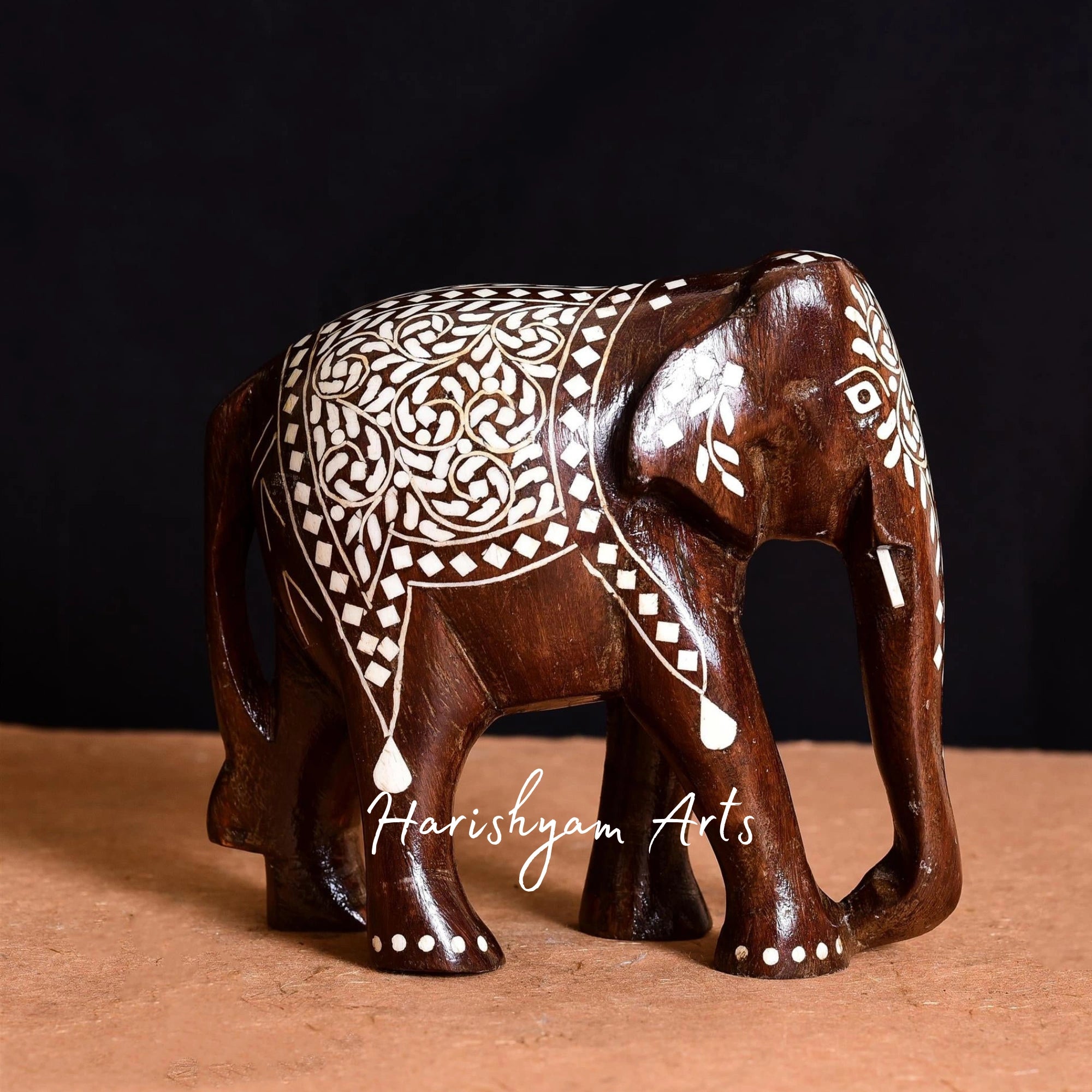 8" Wooden Inlay Elephant Statue with Intricate Detailing2