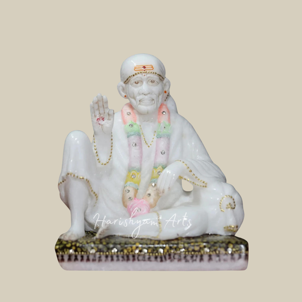 8" Seated Sai Baba Murti in White Makrana Marble