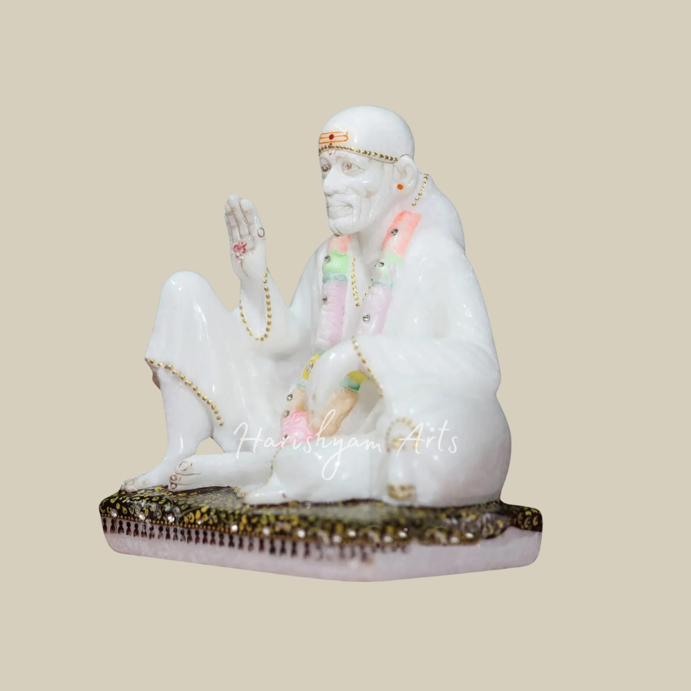 8" Seated Sai Baba Murti in White Makrana Marble