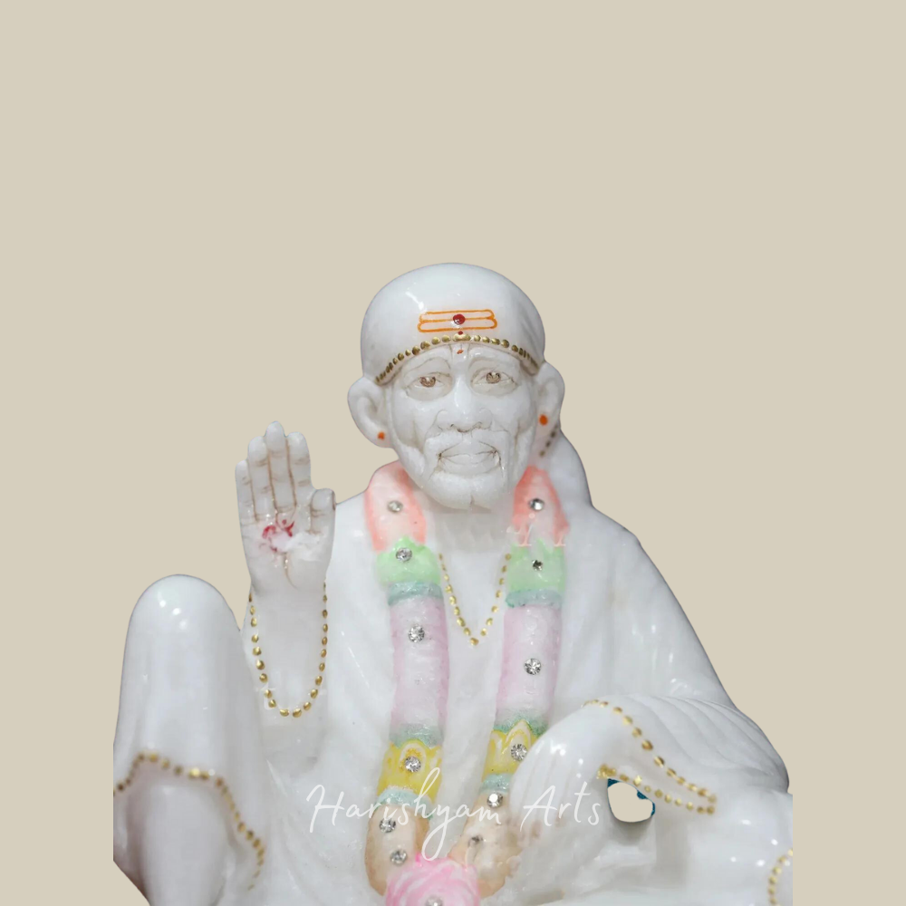 8" Seated Sai Baba Murti in White Makrana Marble