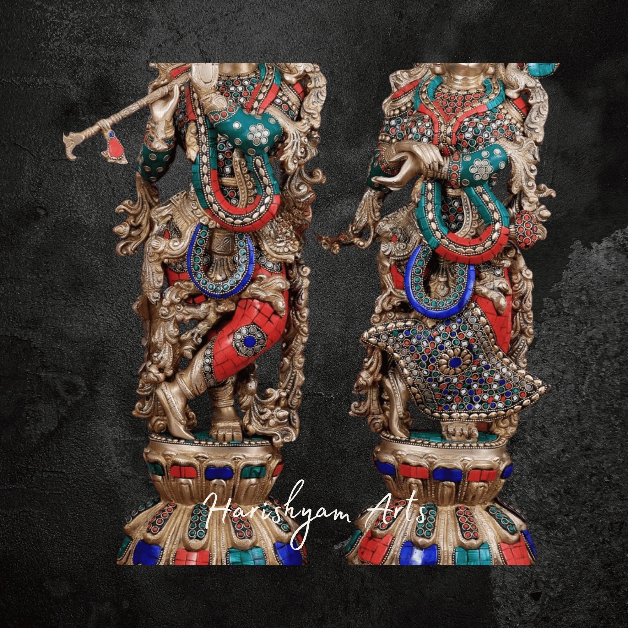 16" Brass Radha Krishna with Cow Idol in Superfine Finish