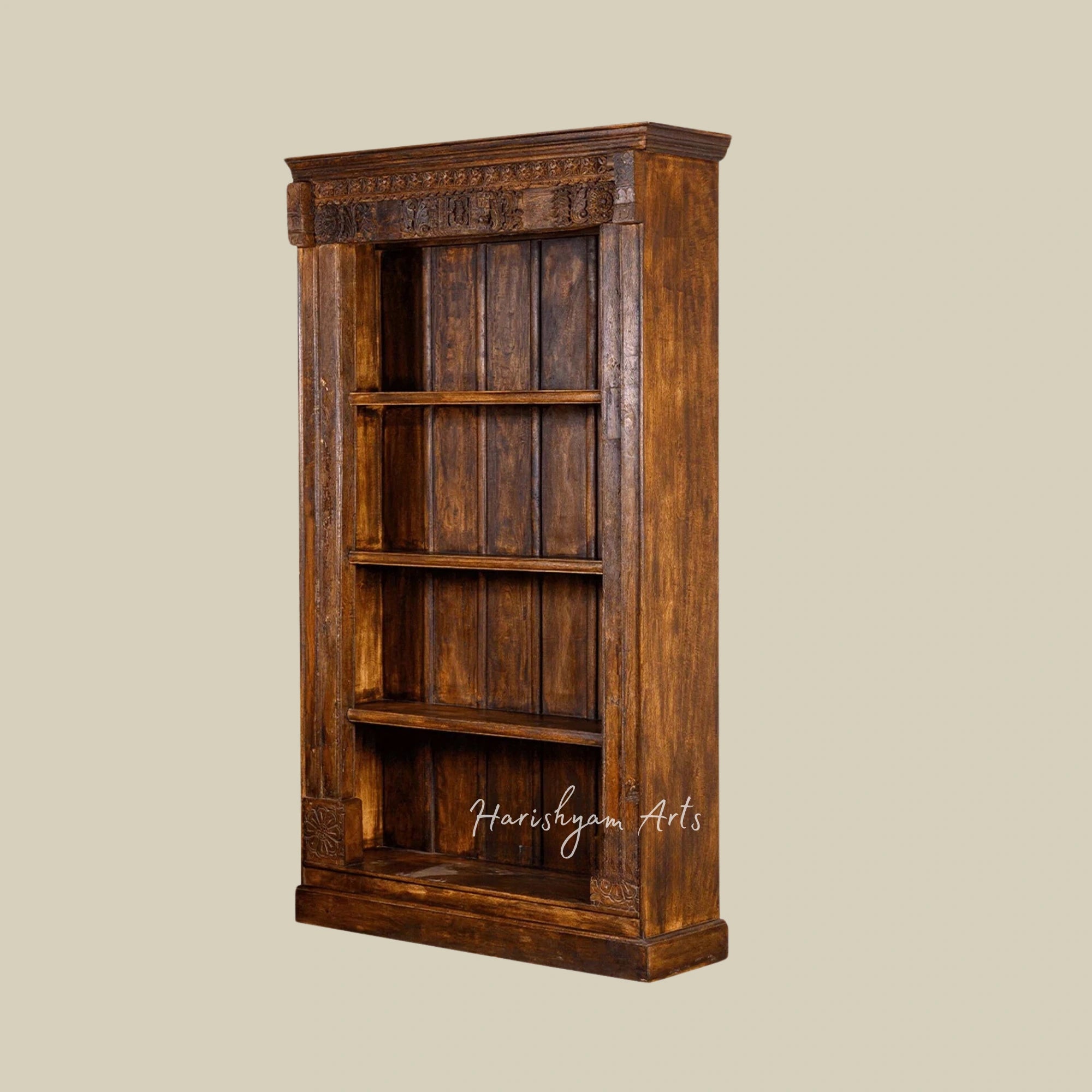 94" Hand-Carved Walnut Rustic Solid Wood Bookshelf with Storage