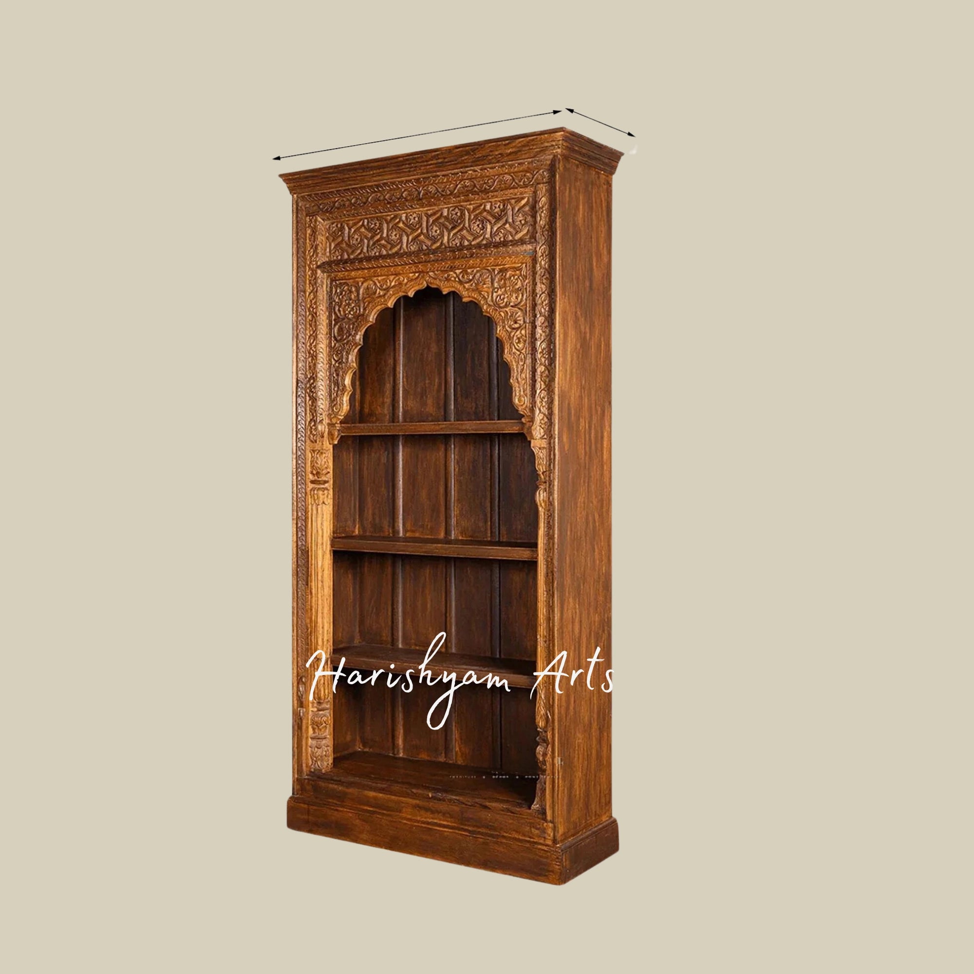 94" Rustic Walnut Solid Wood Hand-Carved Bookcase with Storage - Vintage Bookshelf Design1