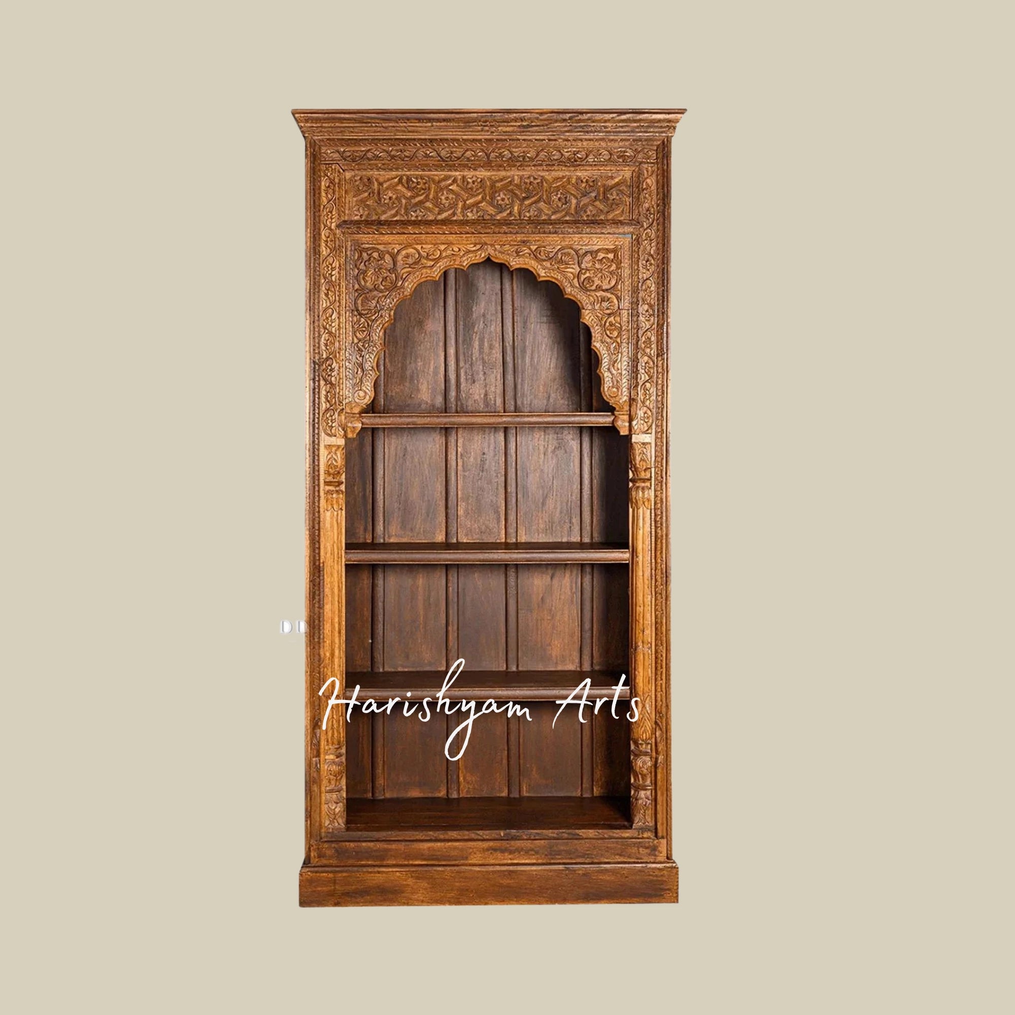 94" Rustic Walnut Solid Wood Hand-Carved Bookcase with Storage - Vintage Bookshelf Design3
