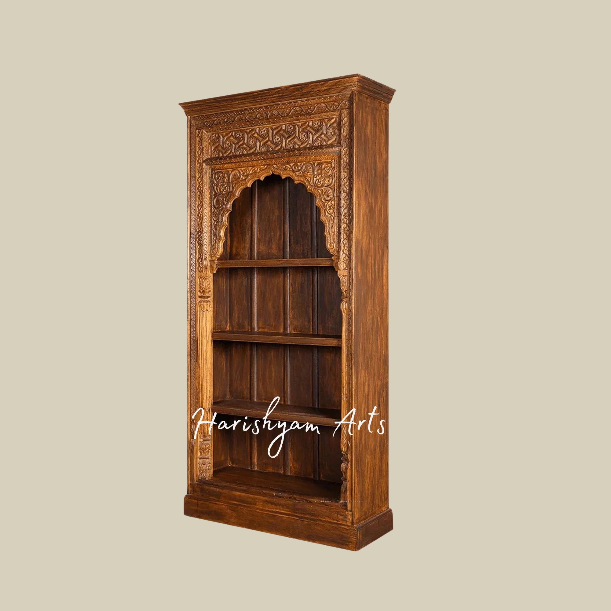 94" Rustic Walnut Solid Wood Hand-Carved Bookcase with Storage - Vintage Bookshelf Design4