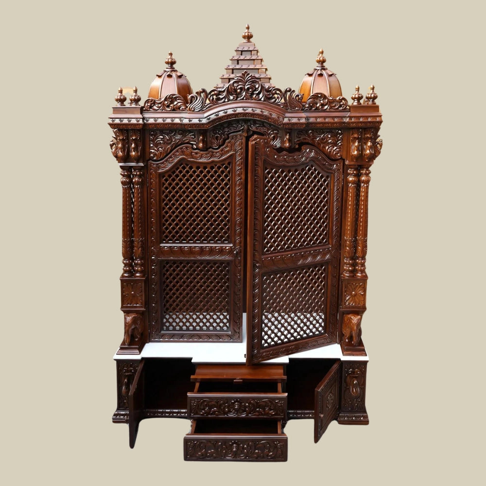 96" Large Pooja Mandir in Teak Wood With Doors