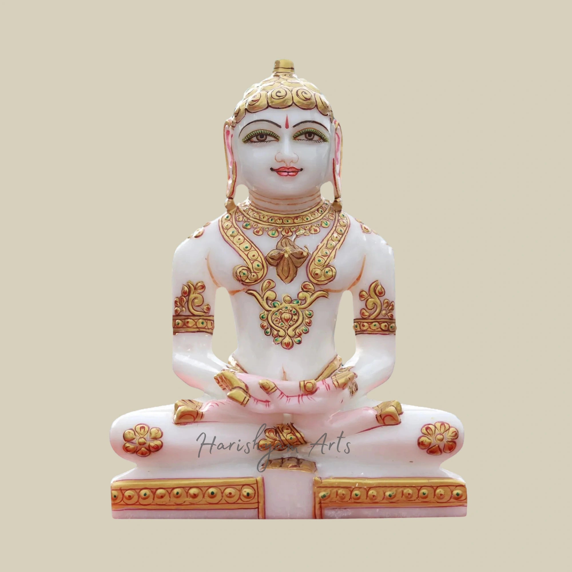 9" Decorative White Marble Jain Statue with Gold Foil and Artistic Colors