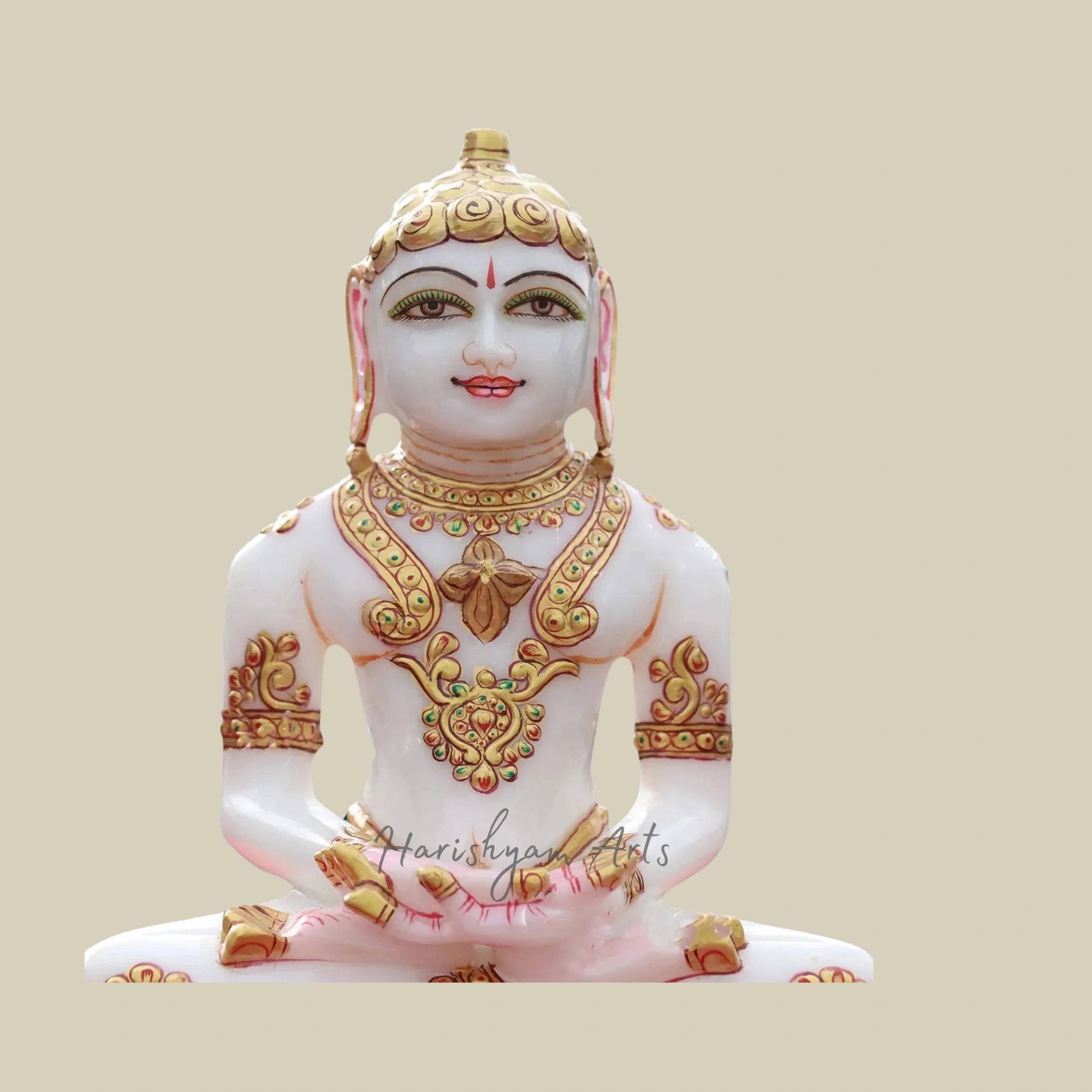 9" Decorative White Marble Jain Statue with Gold Foil and Artistic Colors1