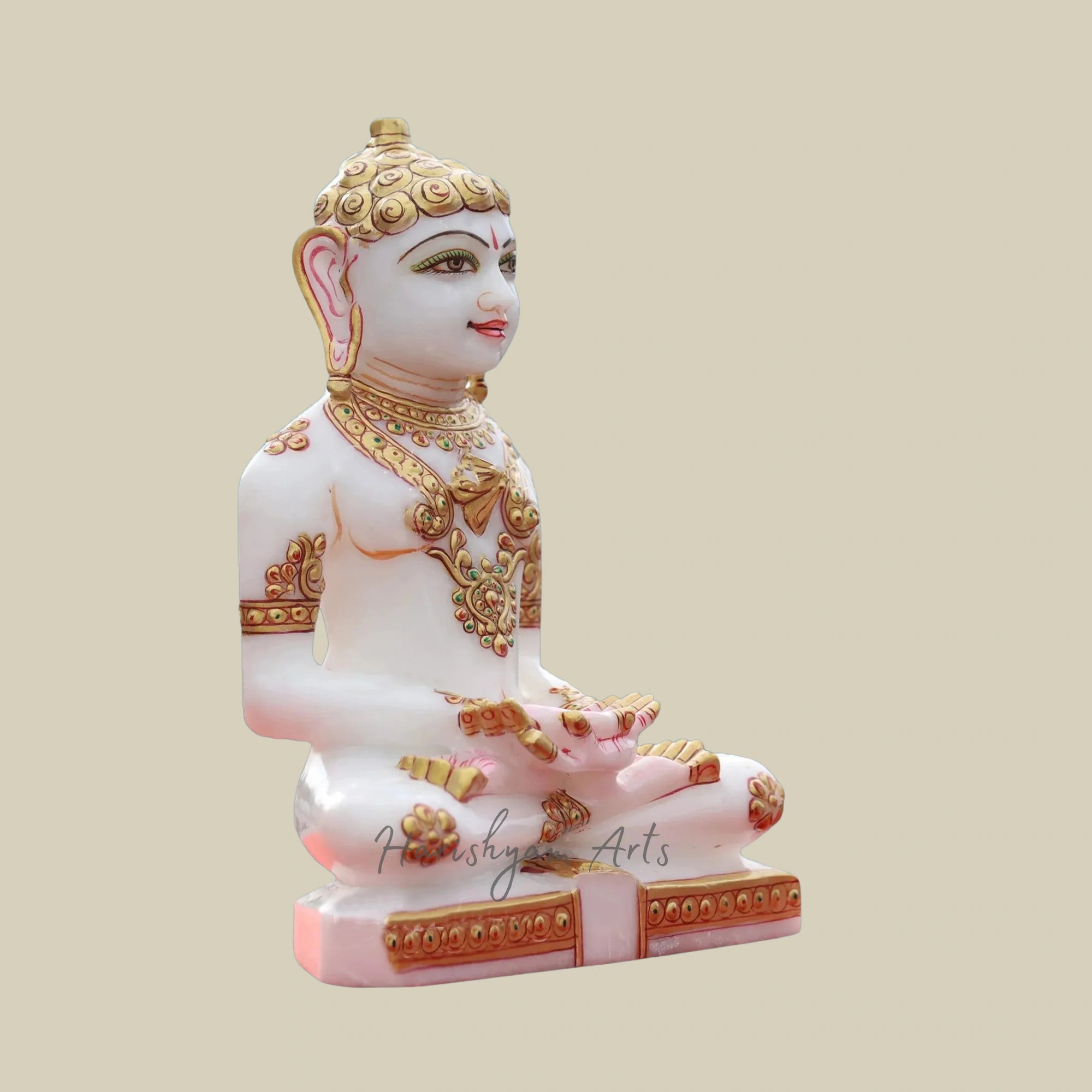 9" Decorative White Marble Jain Statue with Gold Foil and Artistic Colors2
