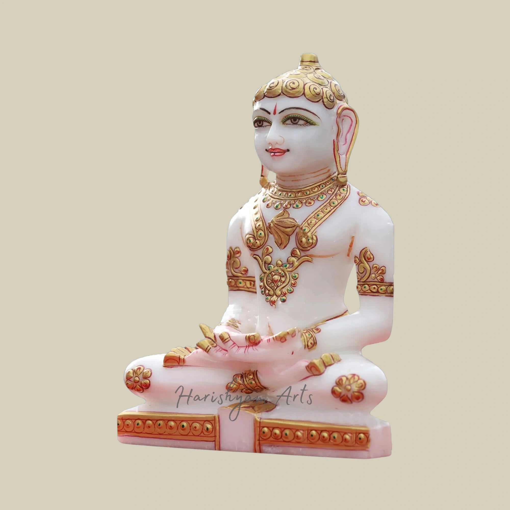 9" Decorative White Marble Jain Statue with Gold Foil and Artistic Colors3