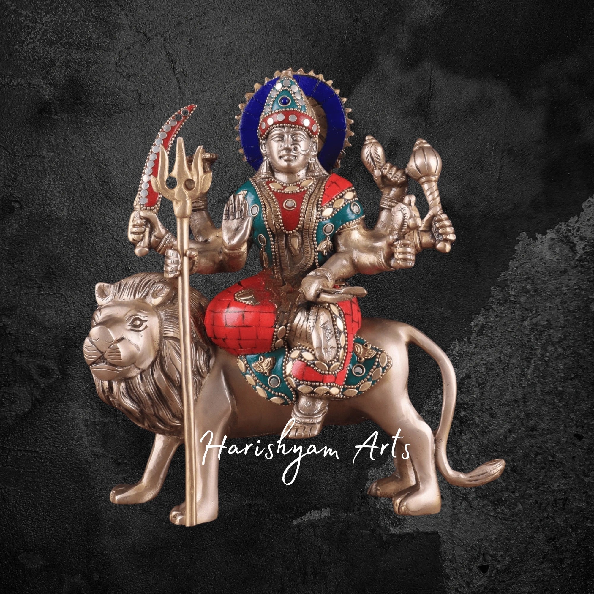 9" Goddess Durga Maa Brass Murti with Intricate Stonework