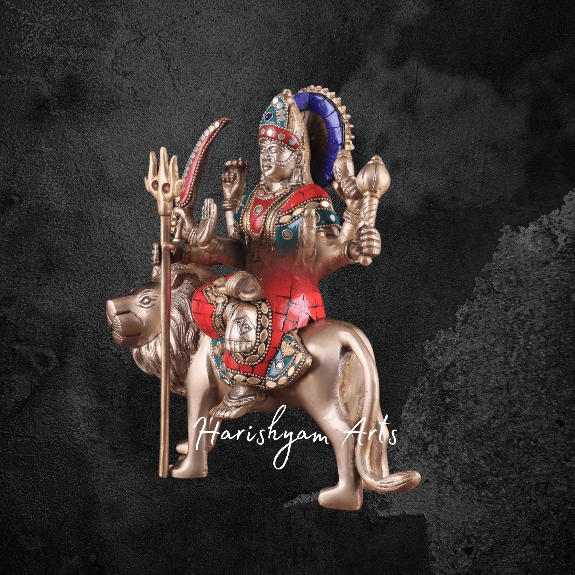 9" Goddess Durga Maa Brass Murti with Intricate Stonework