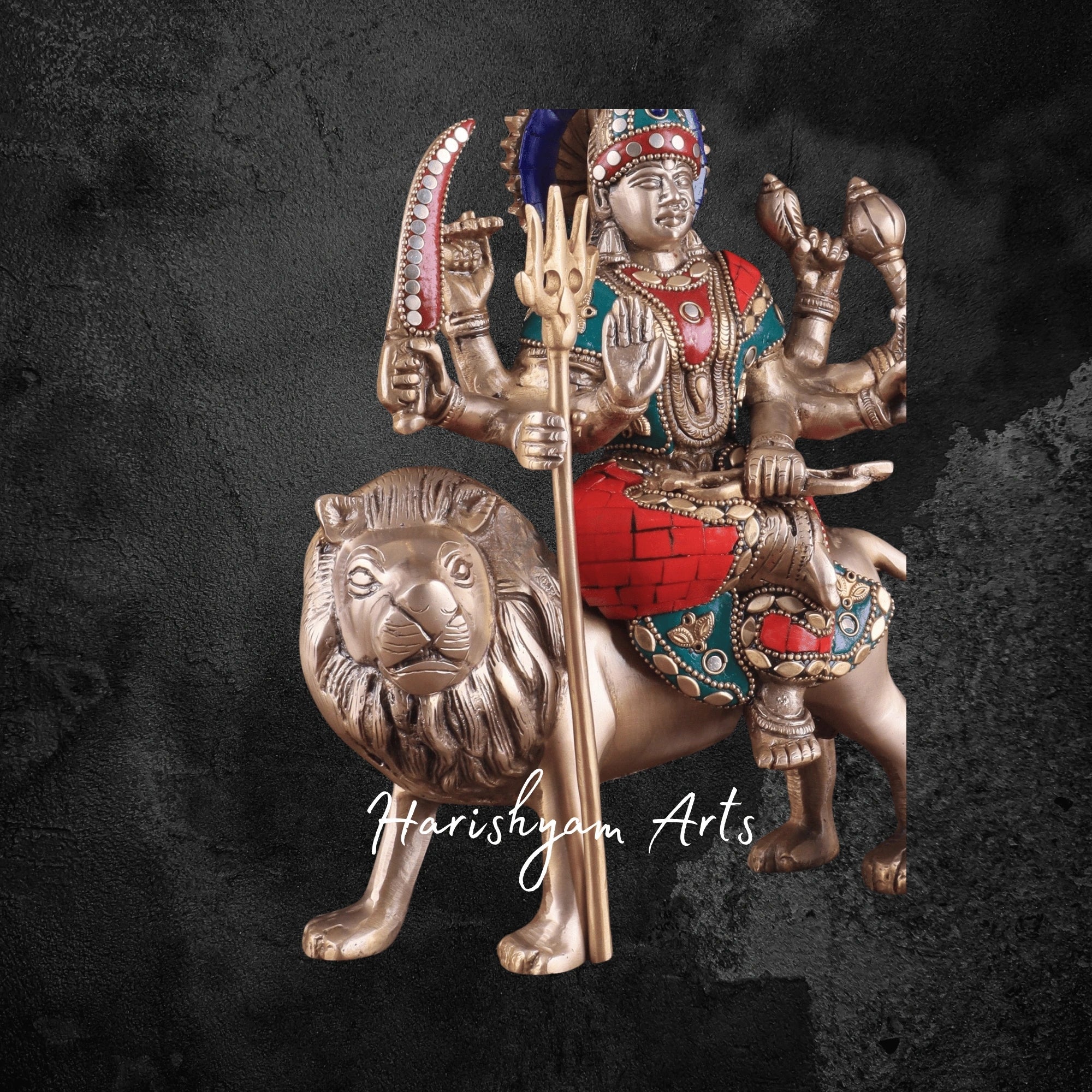 9" Goddess Durga Maa Brass Murti with Intricate Stonework