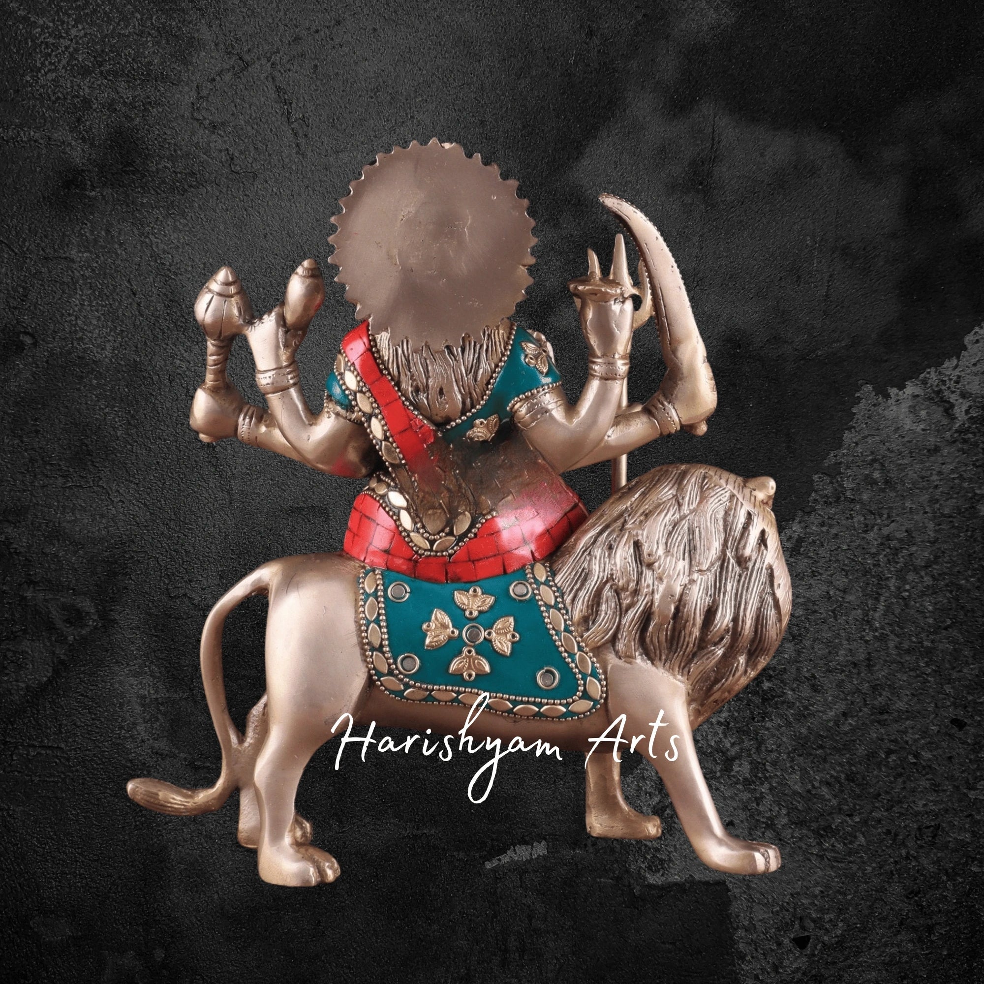 9" Goddess Durga Maa Brass Murti with Intricate Stonework