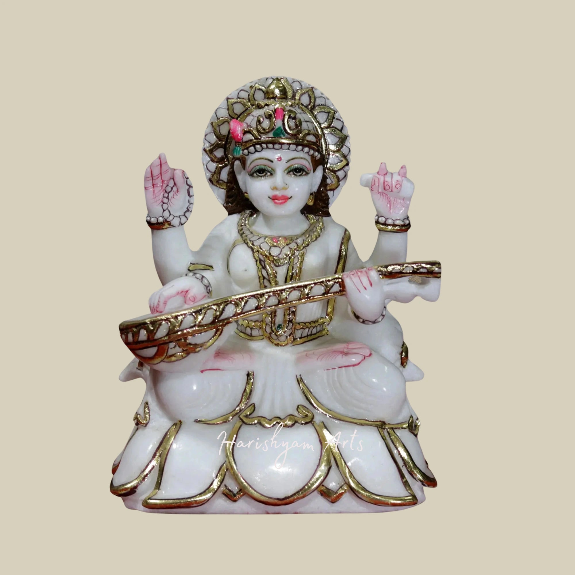 9" Goddess Saraswati Seated on Kamalasana Super White Makrana Marble Idol
