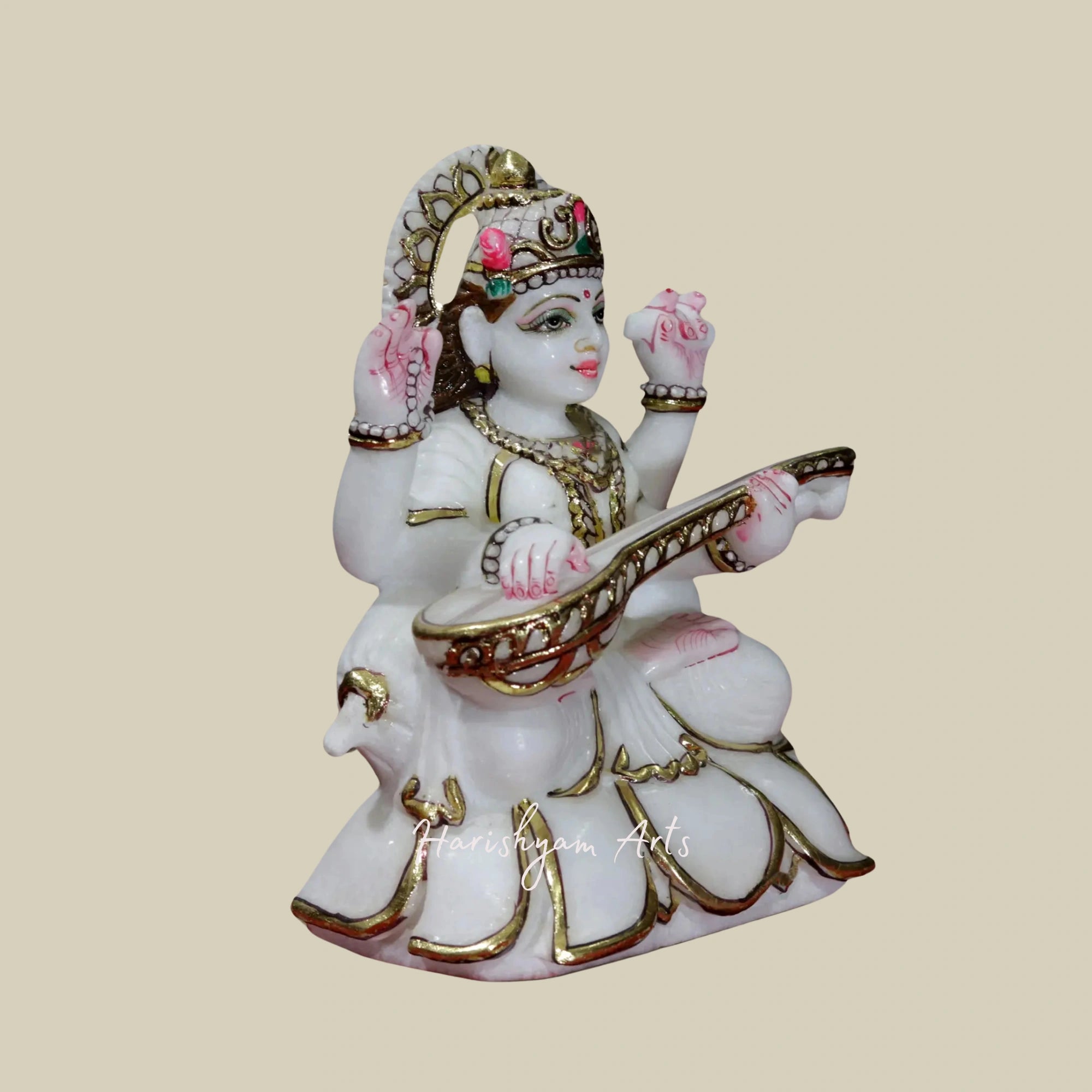 9" Goddess Saraswati Seated on Kamalasana Super White Makrana Marble Idol1