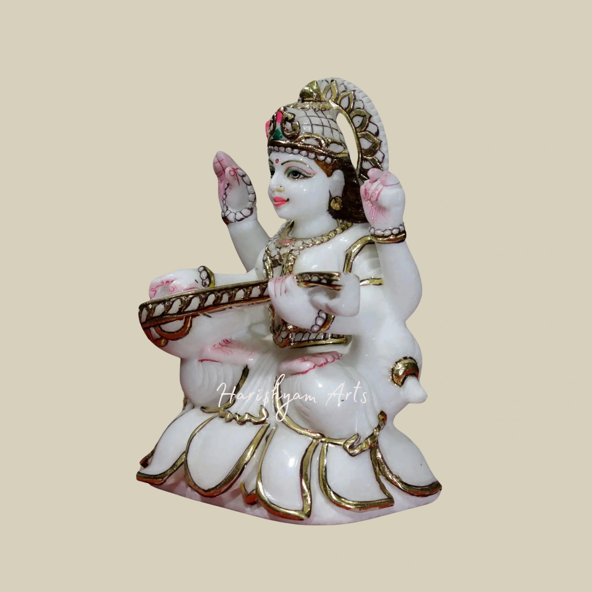 9" Goddess Saraswati Seated on Kamalasana Super White Makrana Marble Idol2