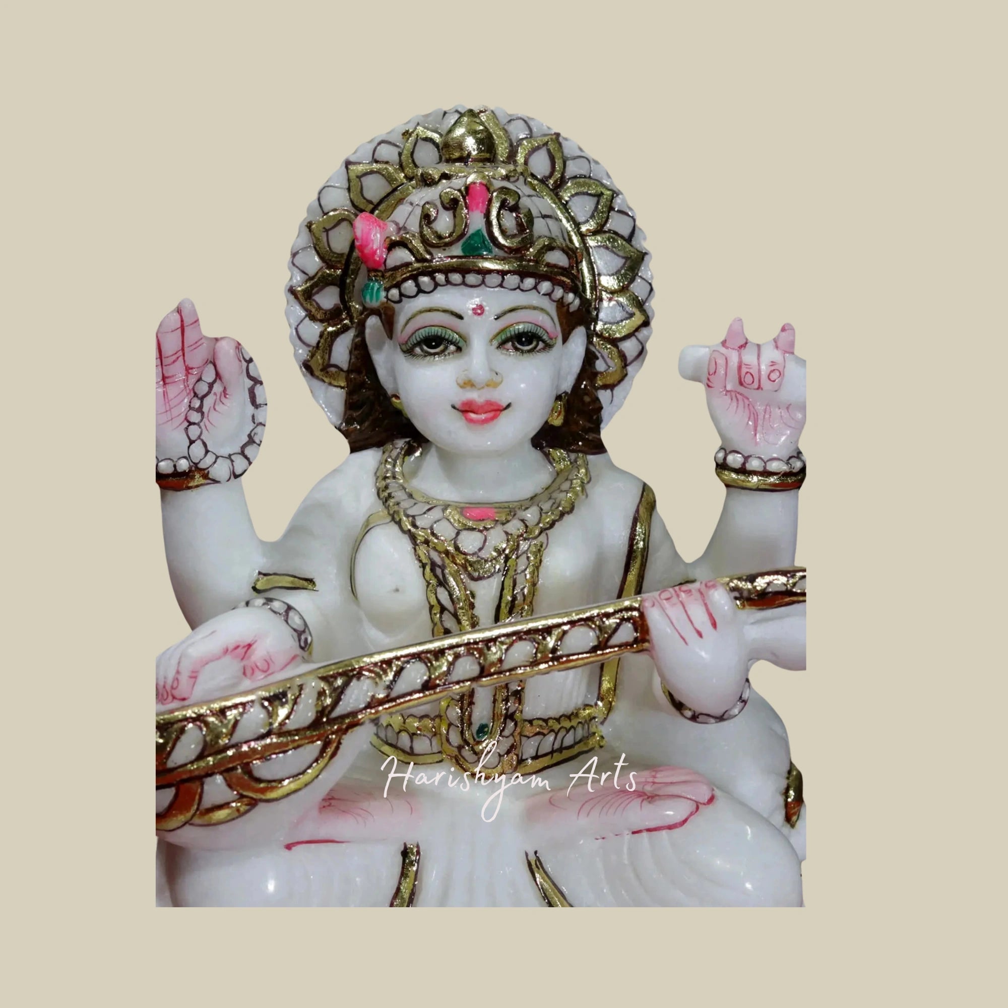 9" Goddess Saraswati Seated on Kamalasana Super White Makrana Marble Idol3