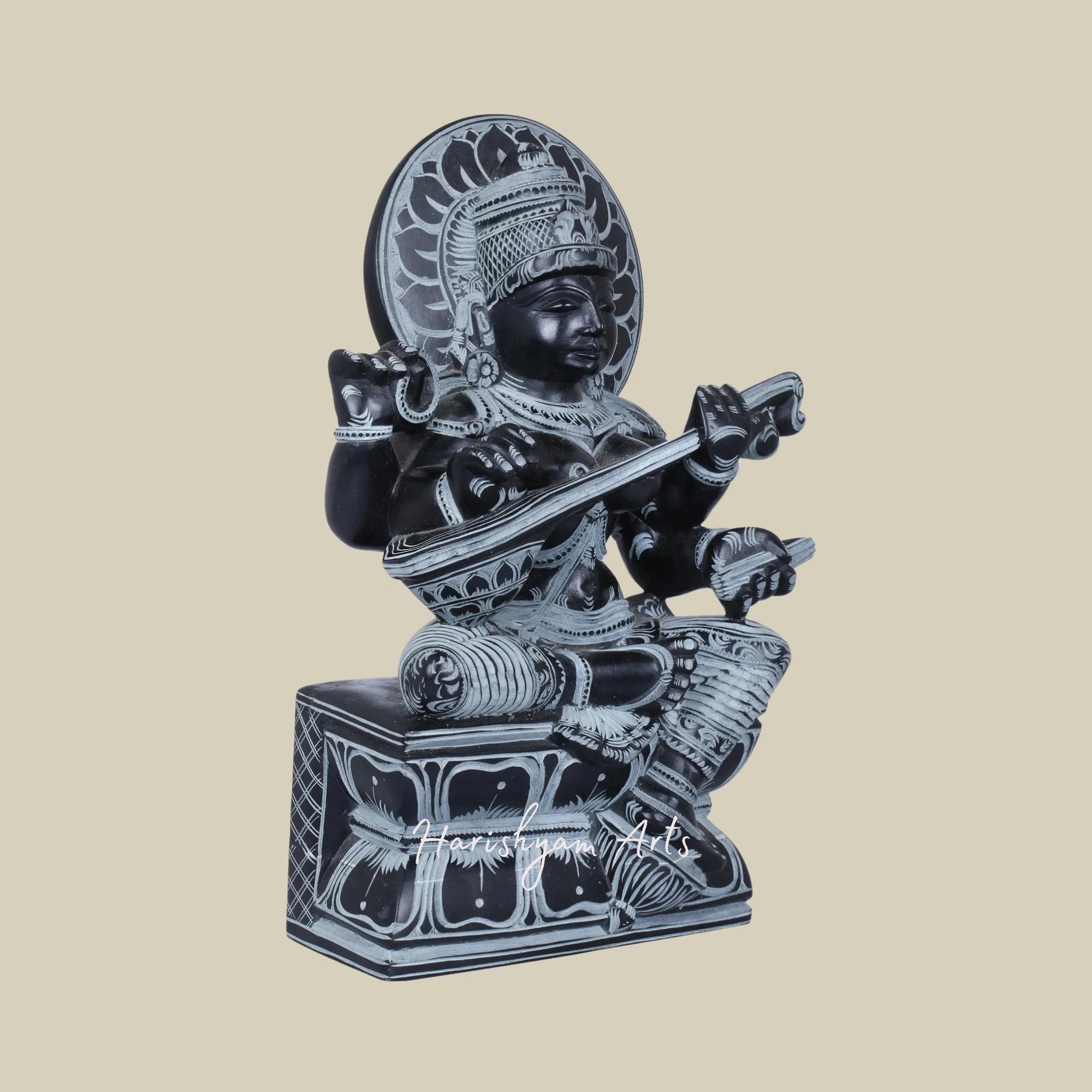 9" Goddess Saraswati with Lotus Aureole Graceful Marble Sculpture1