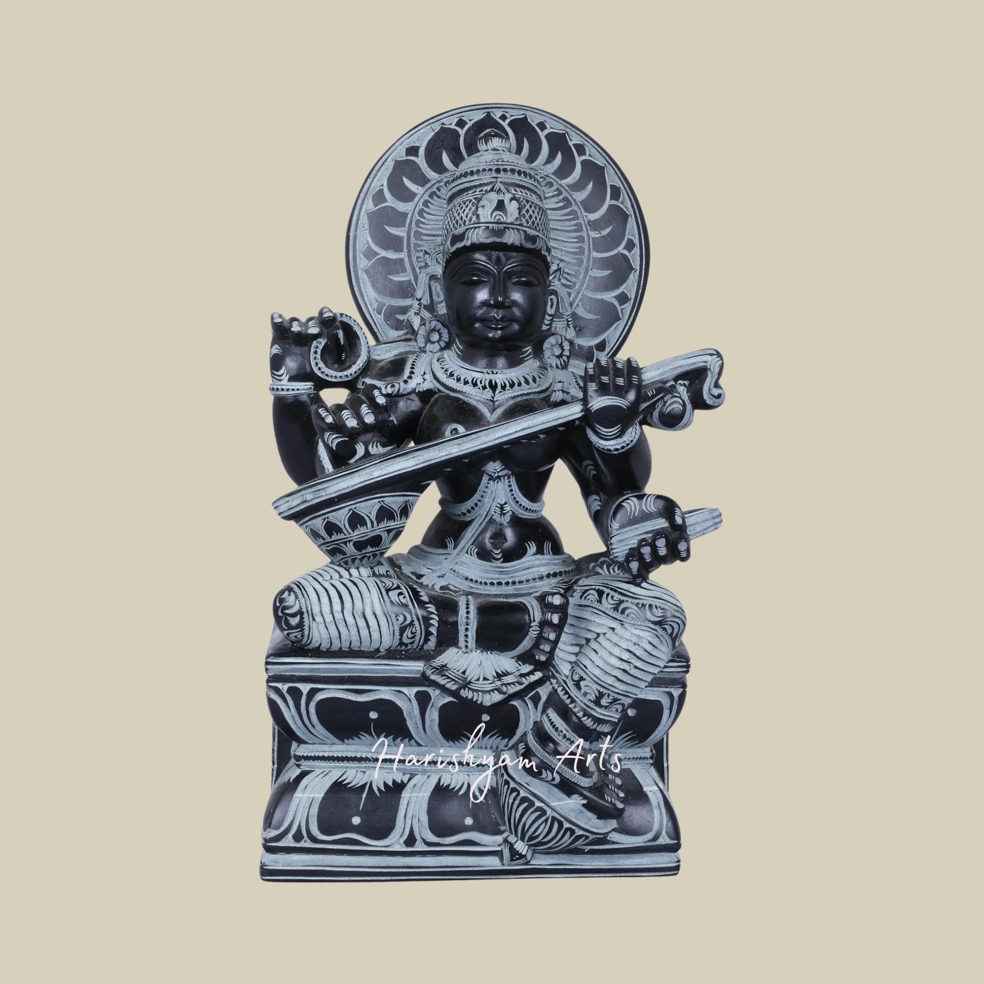 9" Goddess Saraswati with Lotus Aureole Graceful Marble Sculpture2