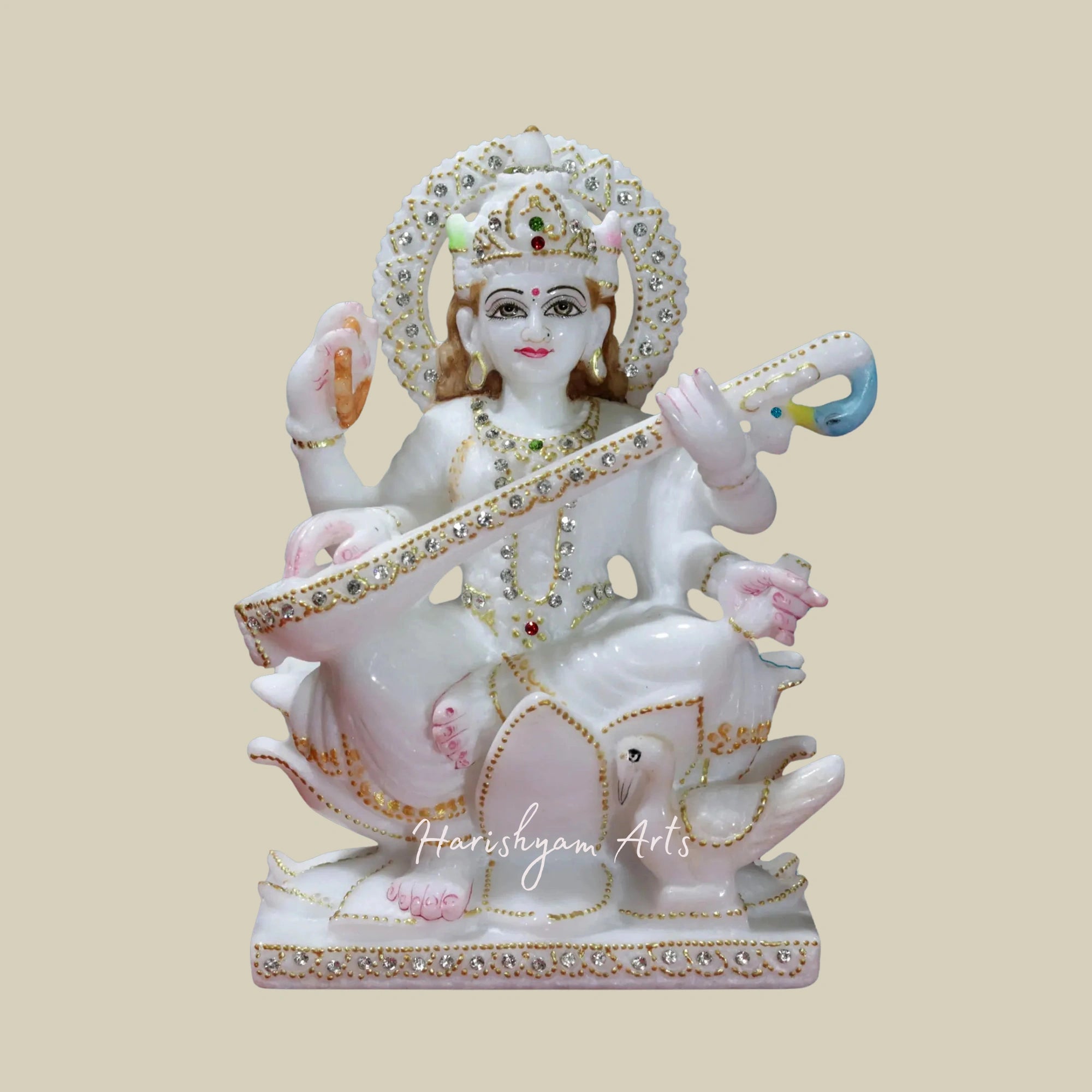 9" Goddess Saraswati with Swan Super White Makrana Marble Figurine