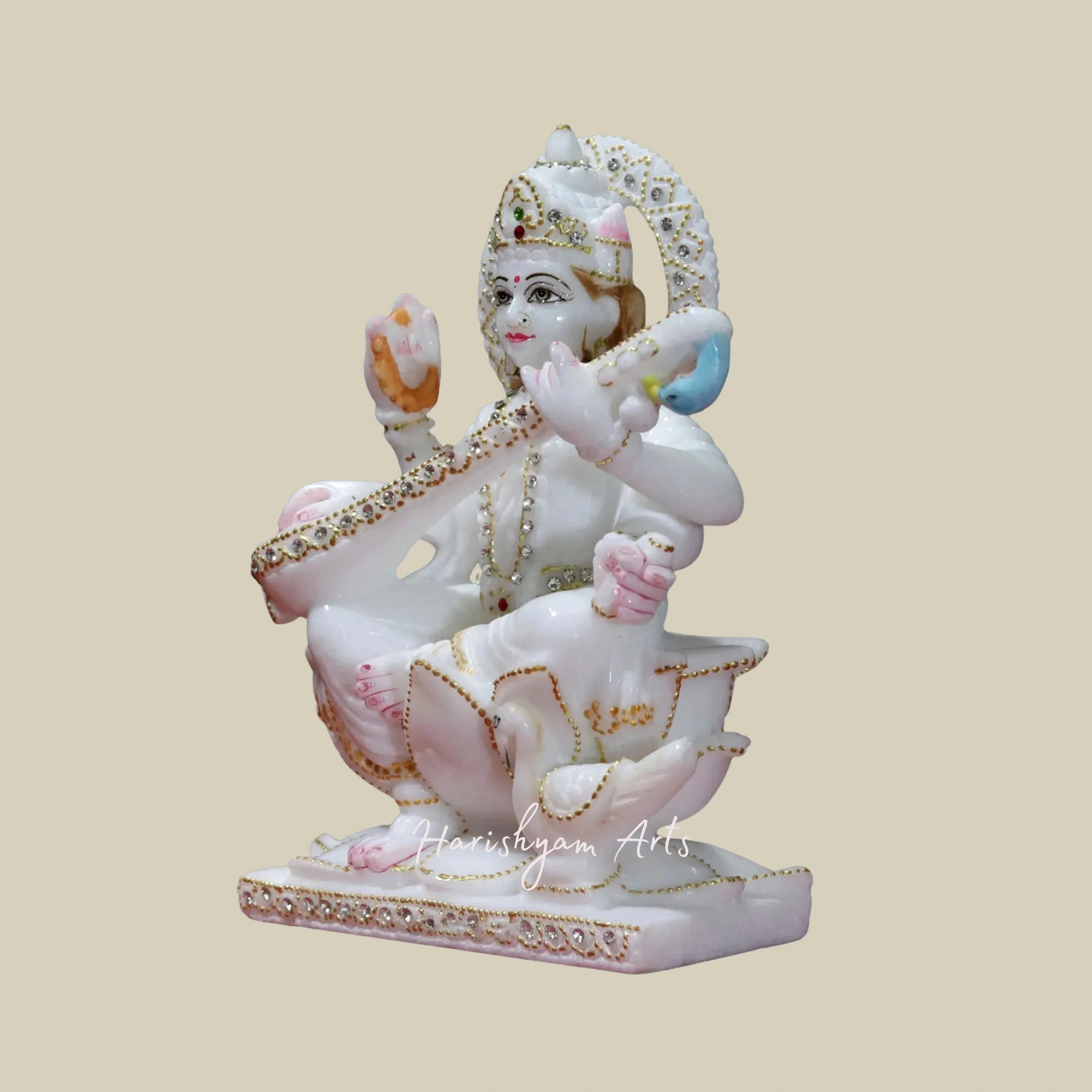 9" Goddess Saraswati with Swan Super White Makrana Marble Figurine1