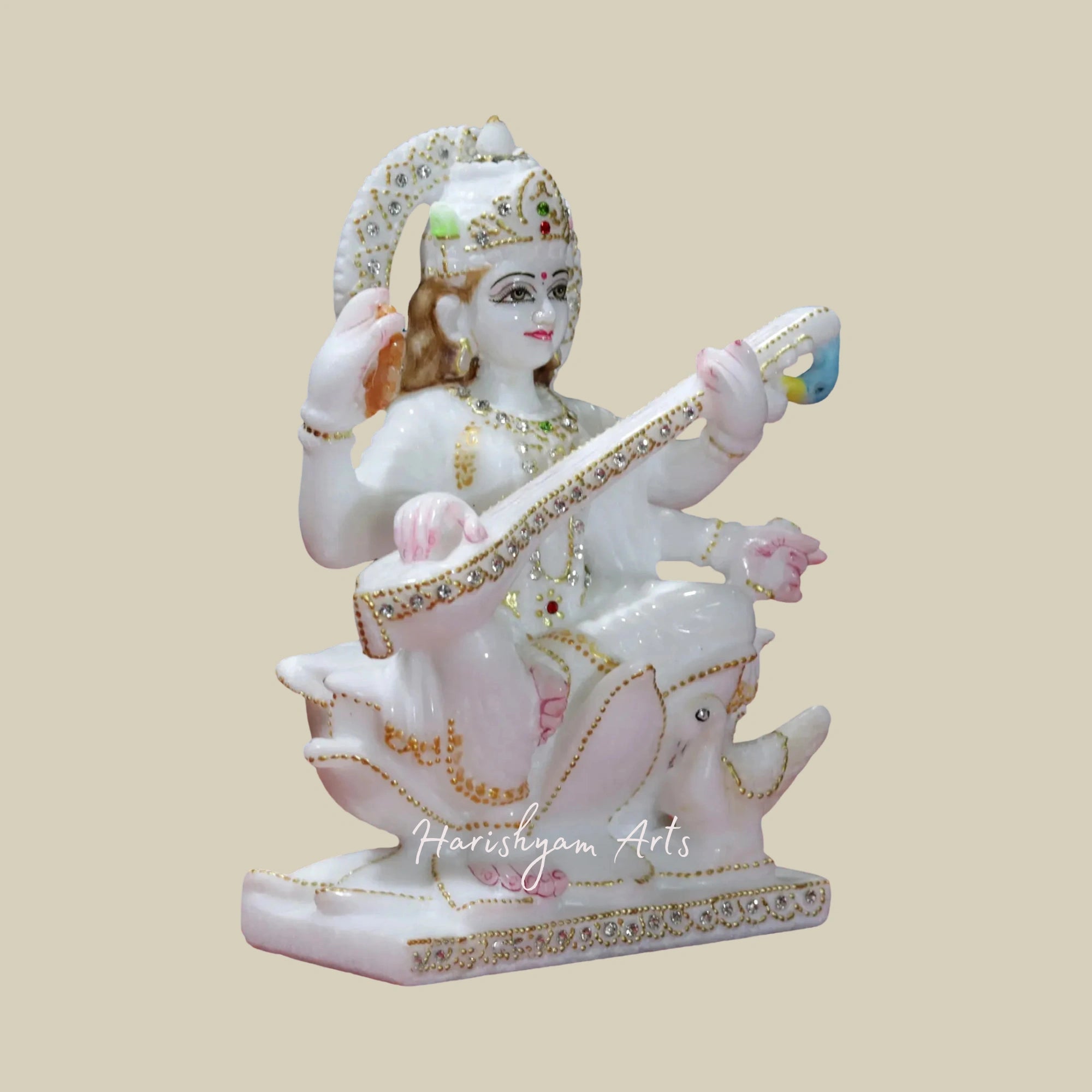 9" Goddess Saraswati with Swan Super White Makrana Marble Figurine2
