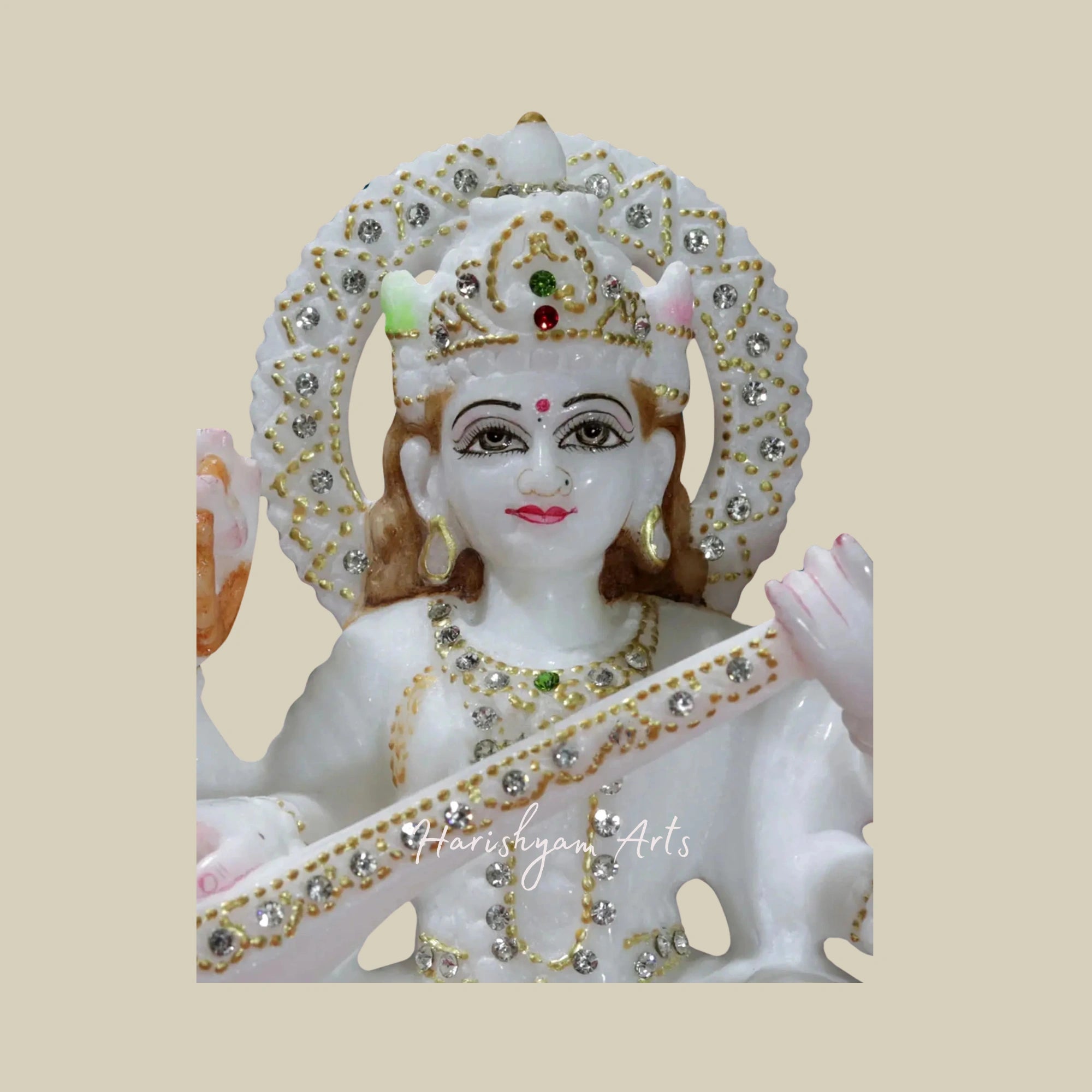 9" Goddess Saraswati with Swan Super White Makrana Marble Figurine3