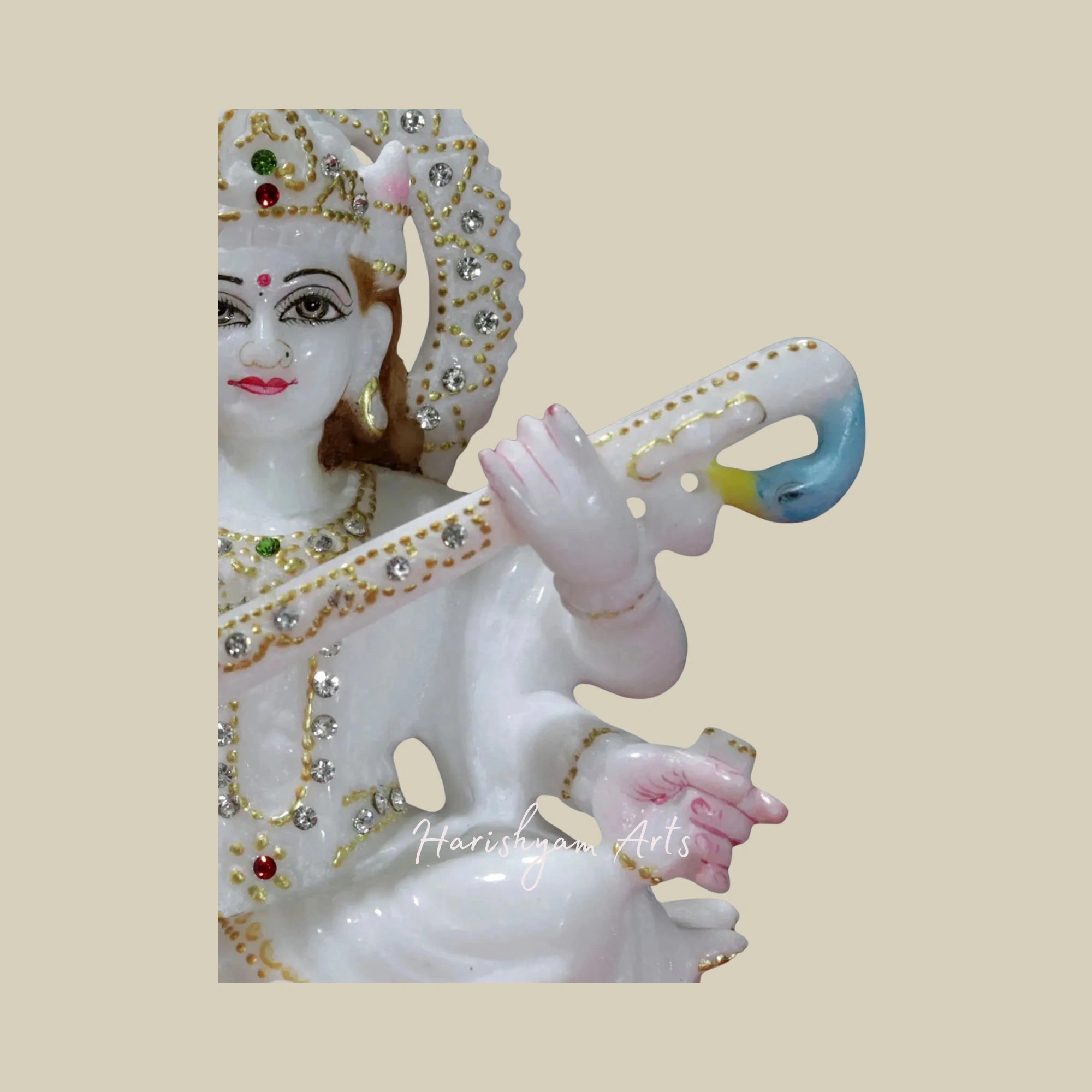 9" Goddess Saraswati with Swan Super White Makrana Marble Figurine4