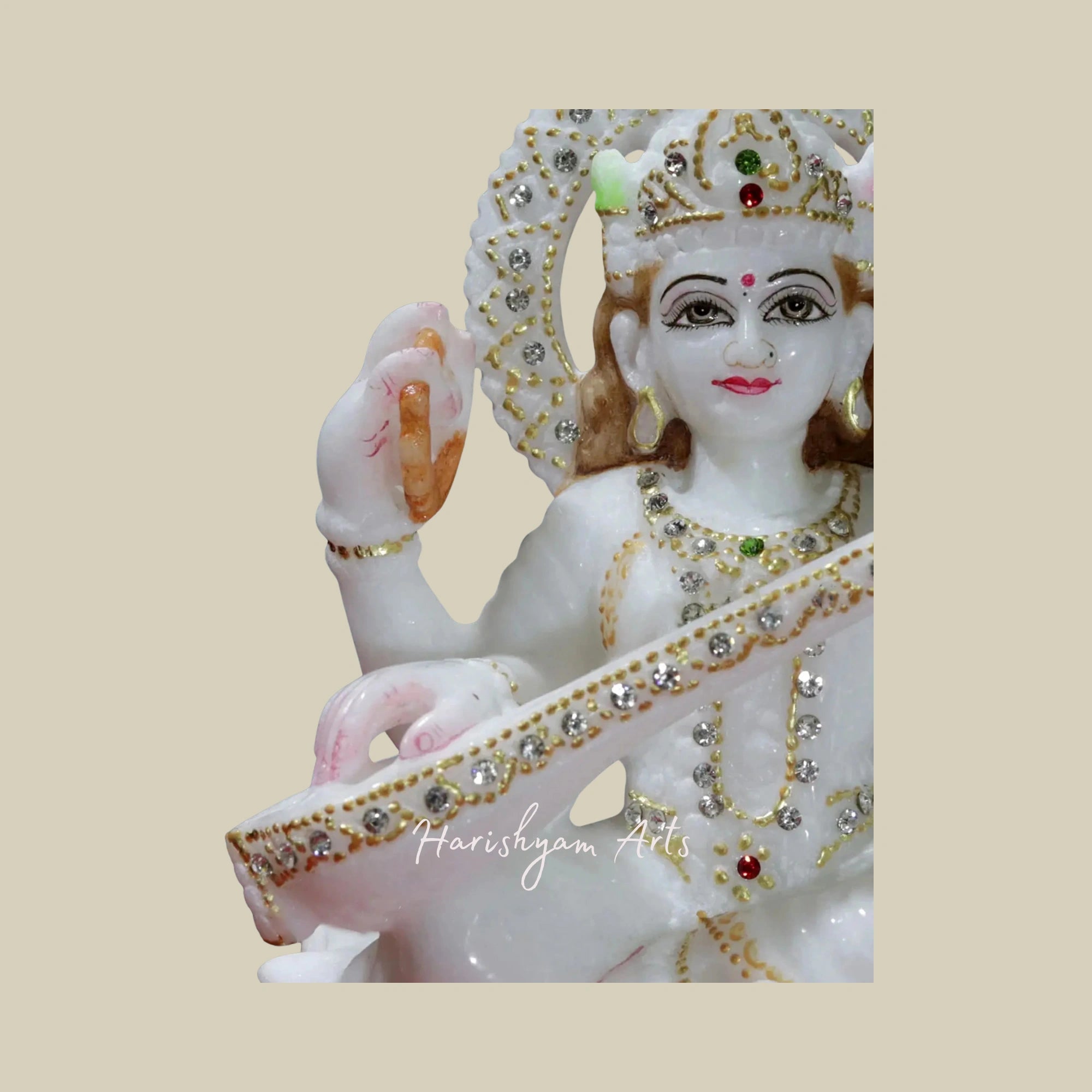 9" Goddess Saraswati with Swan Super White Makrana Marble Figurine5