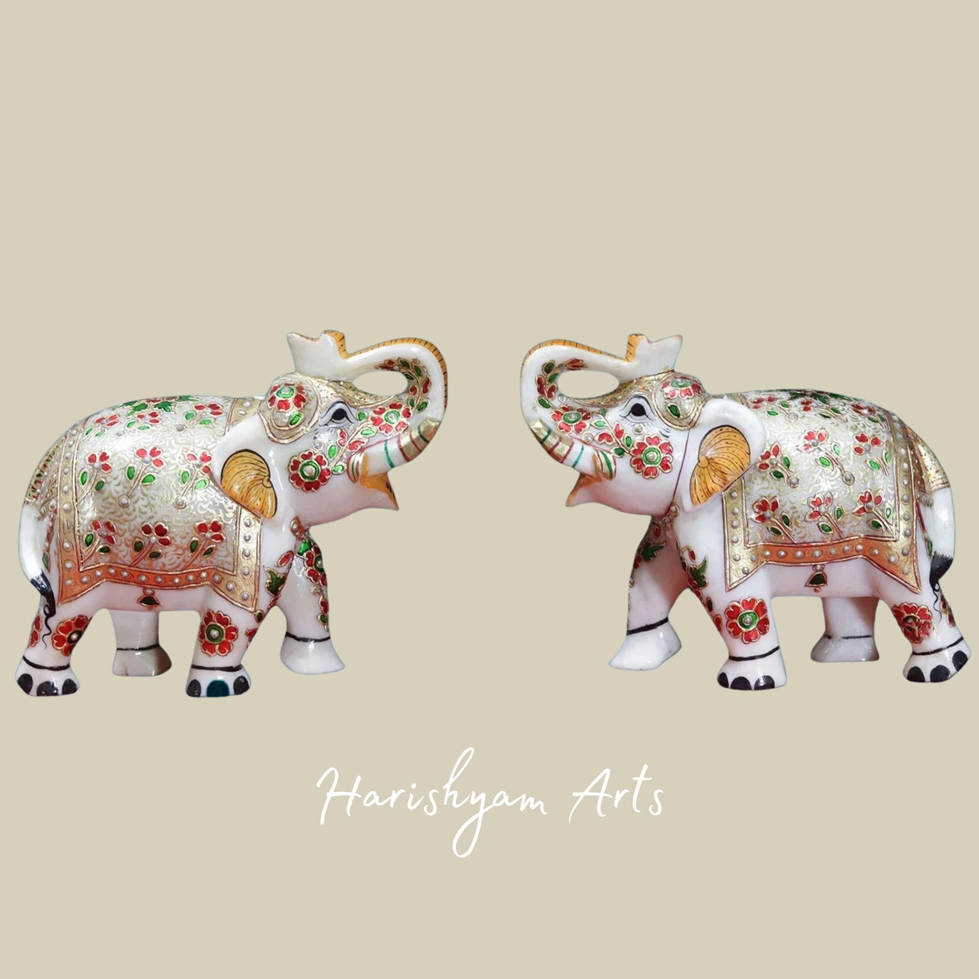 9" Handcrafted Meenakari Elephant Pair in White Marble Decorative Art