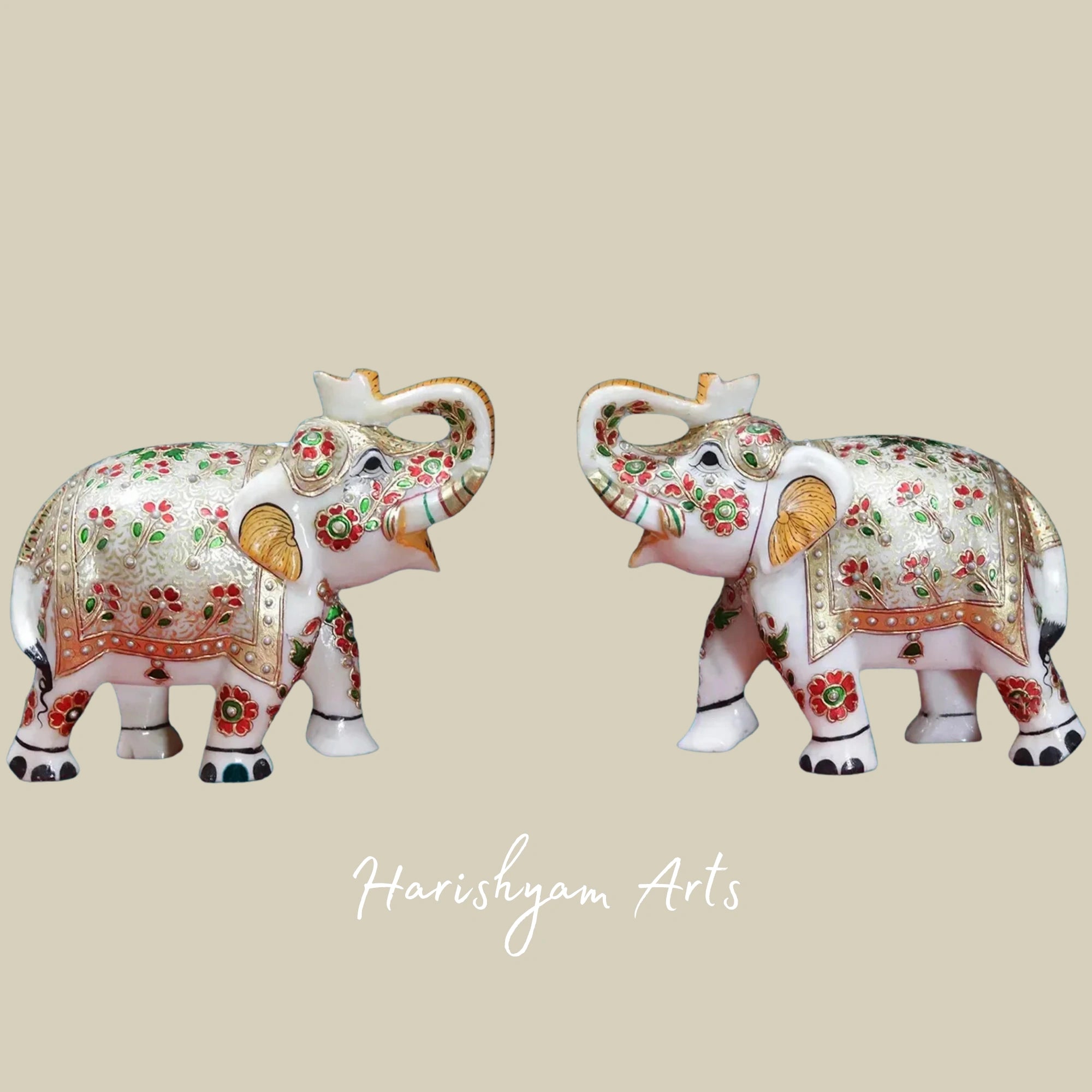 9" Artisan Crafted Meenakari Elephant Pair in Premium White Marble