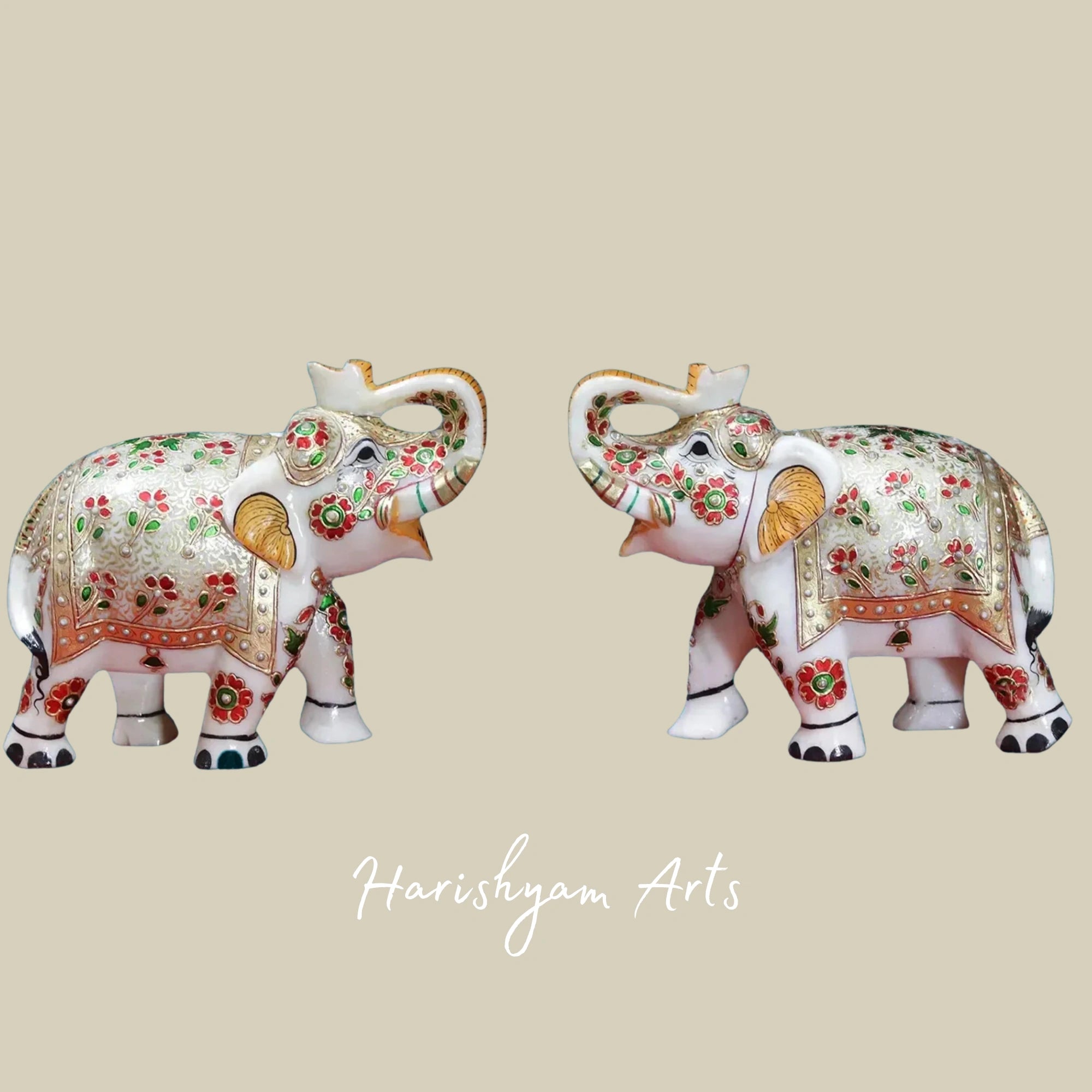 9" Artisan Crafted Meenakari Elephant Pair in Premium White Marble