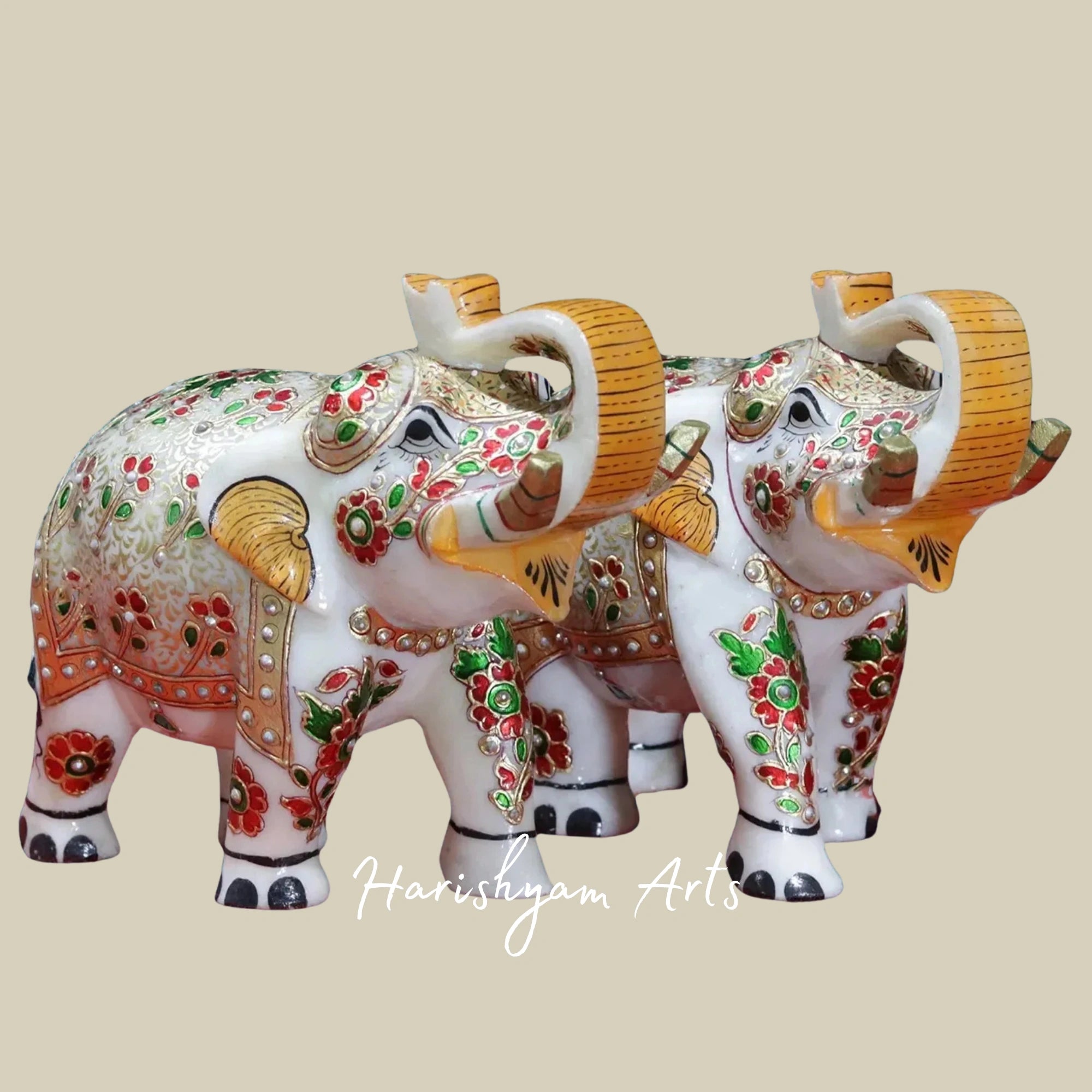 9" Handcrafted Meenakari Elephant Pair in White Marble Decorative Art