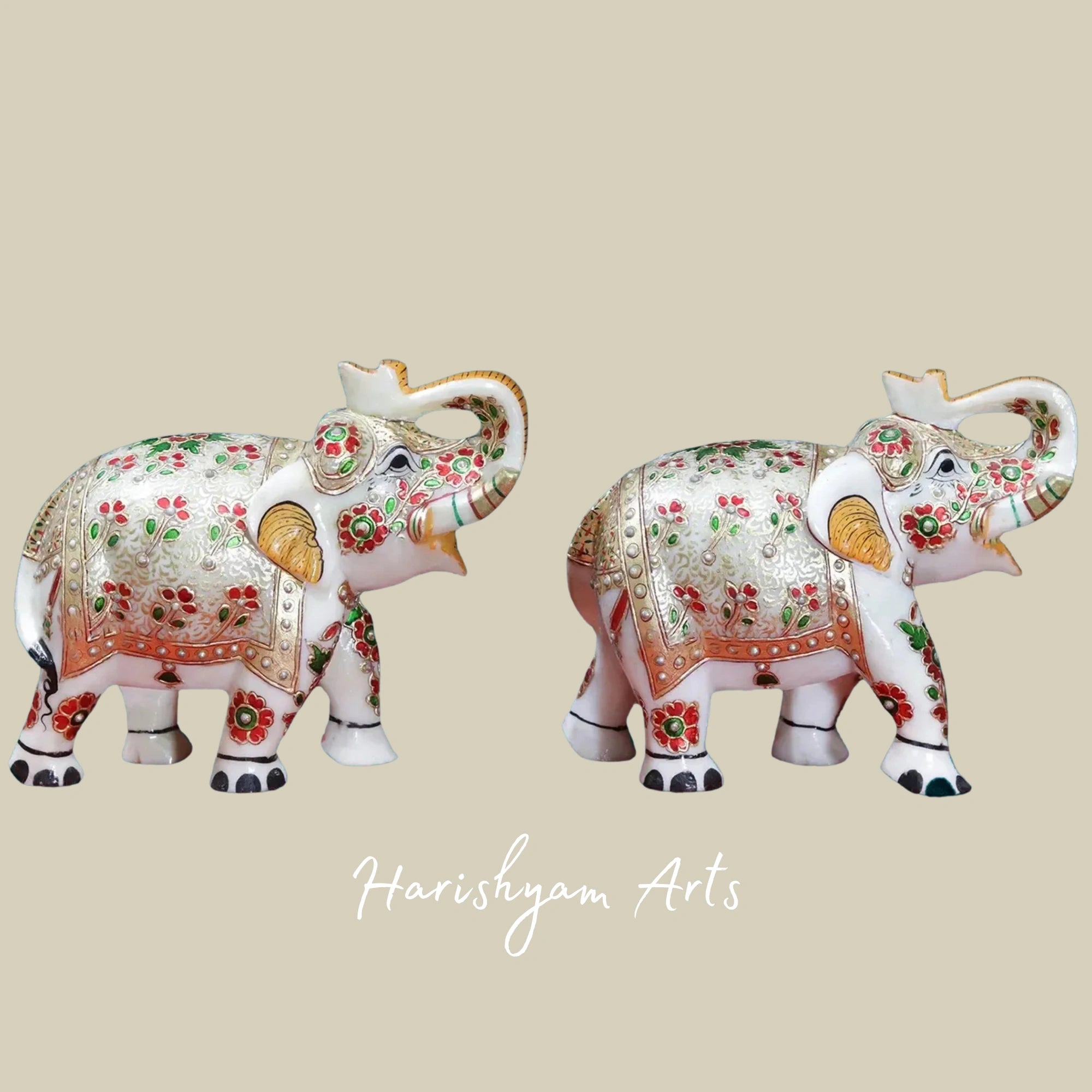 9" Artisan Crafted Meenakari Elephant Pair in Premium White Marble