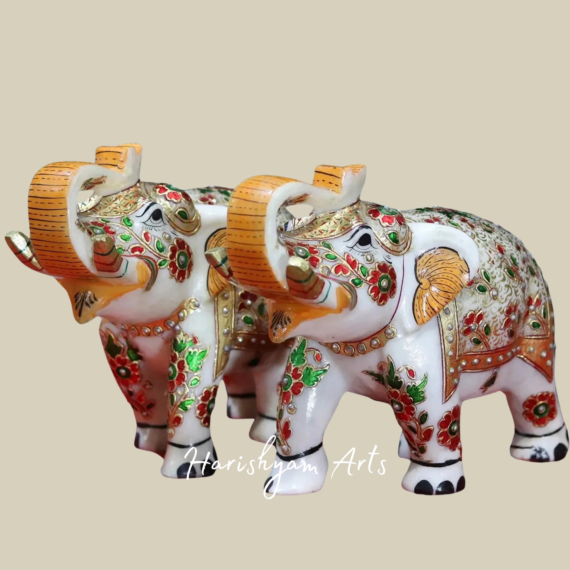 9" Handcrafted Meenakari Elephant Pair in White Marble Decorative Art