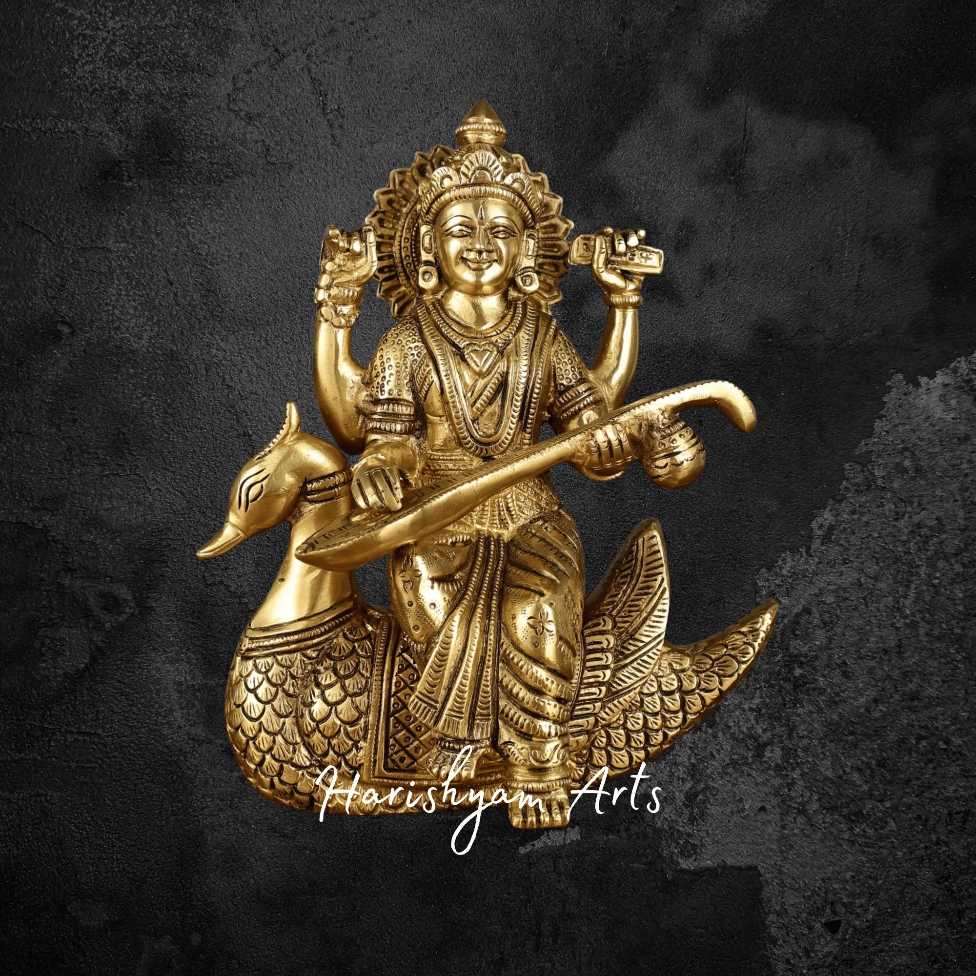9" Pure Brass Saraswati Statue Riding Swan Ideal for Knowledge Blessings