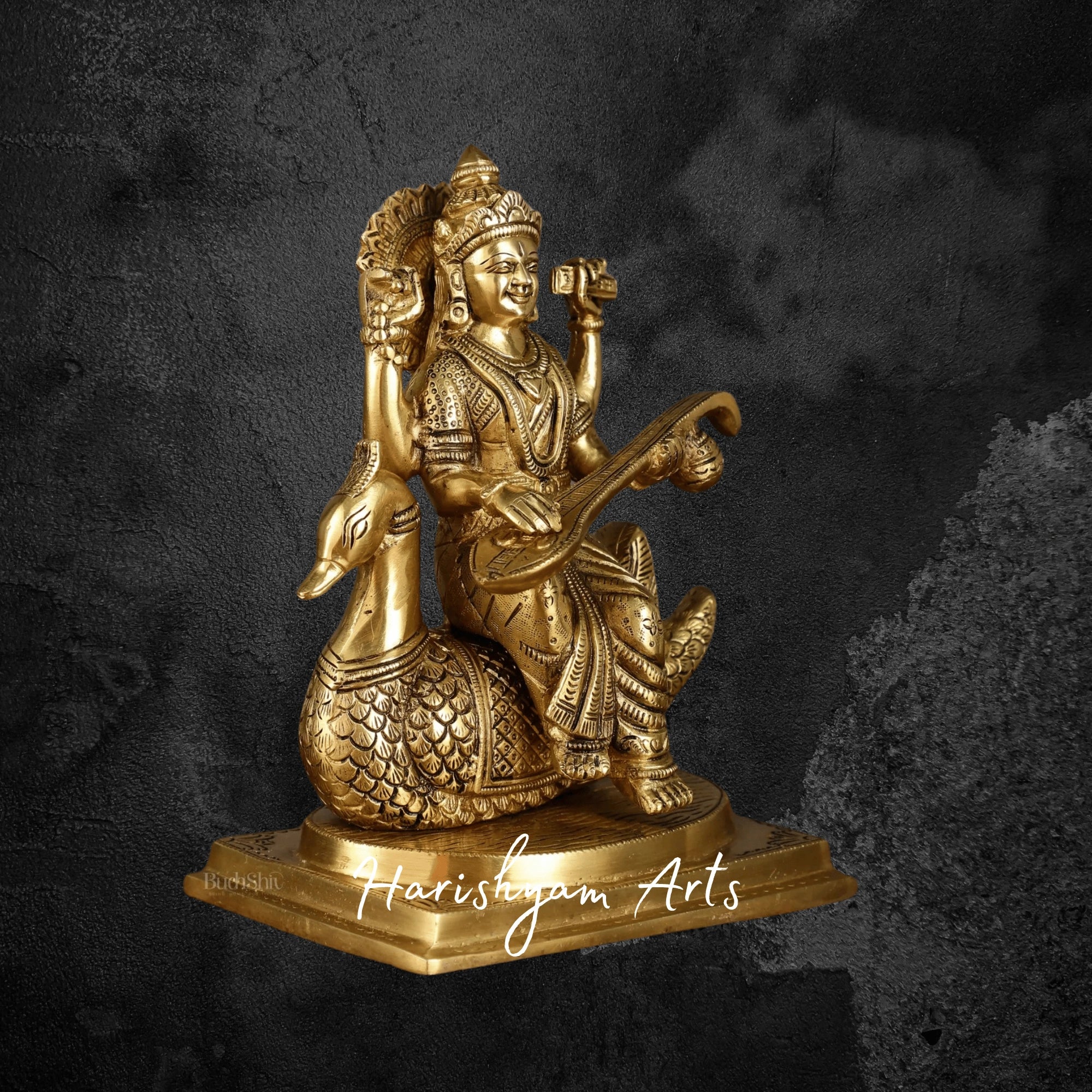 9" Pure Brass Saraswati Statue Riding Swan Ideal for Knowledge Blessings