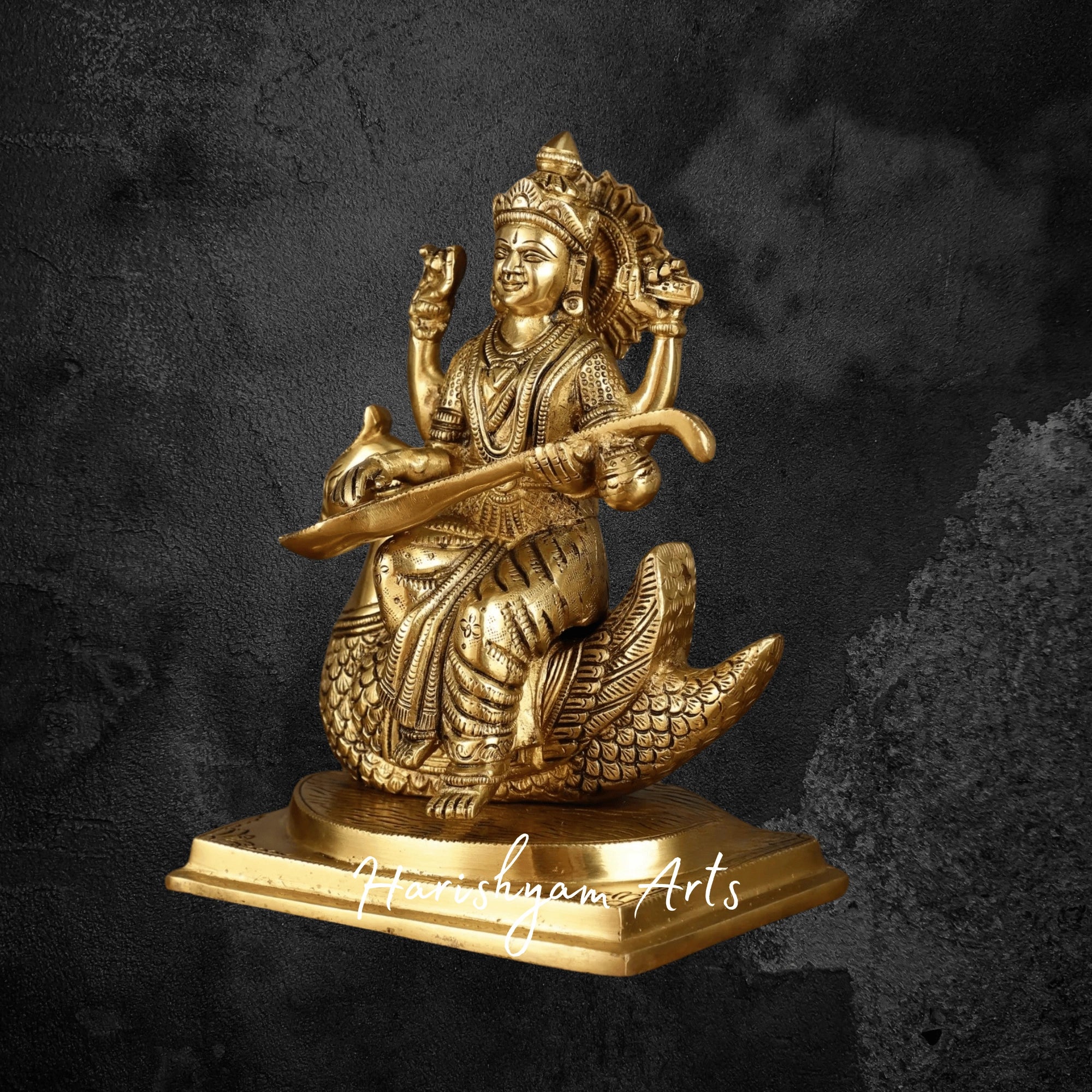 9" Pure Brass Saraswati Statue Riding Swan Ideal for Knowledge Blessings