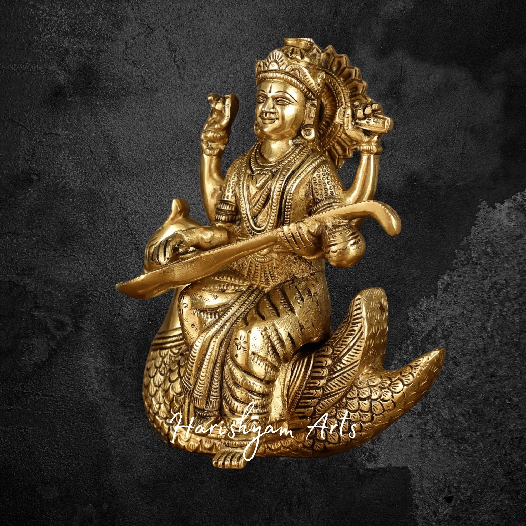 9" Pure Brass Saraswati Statue Riding Swan Ideal for Knowledge Blessings